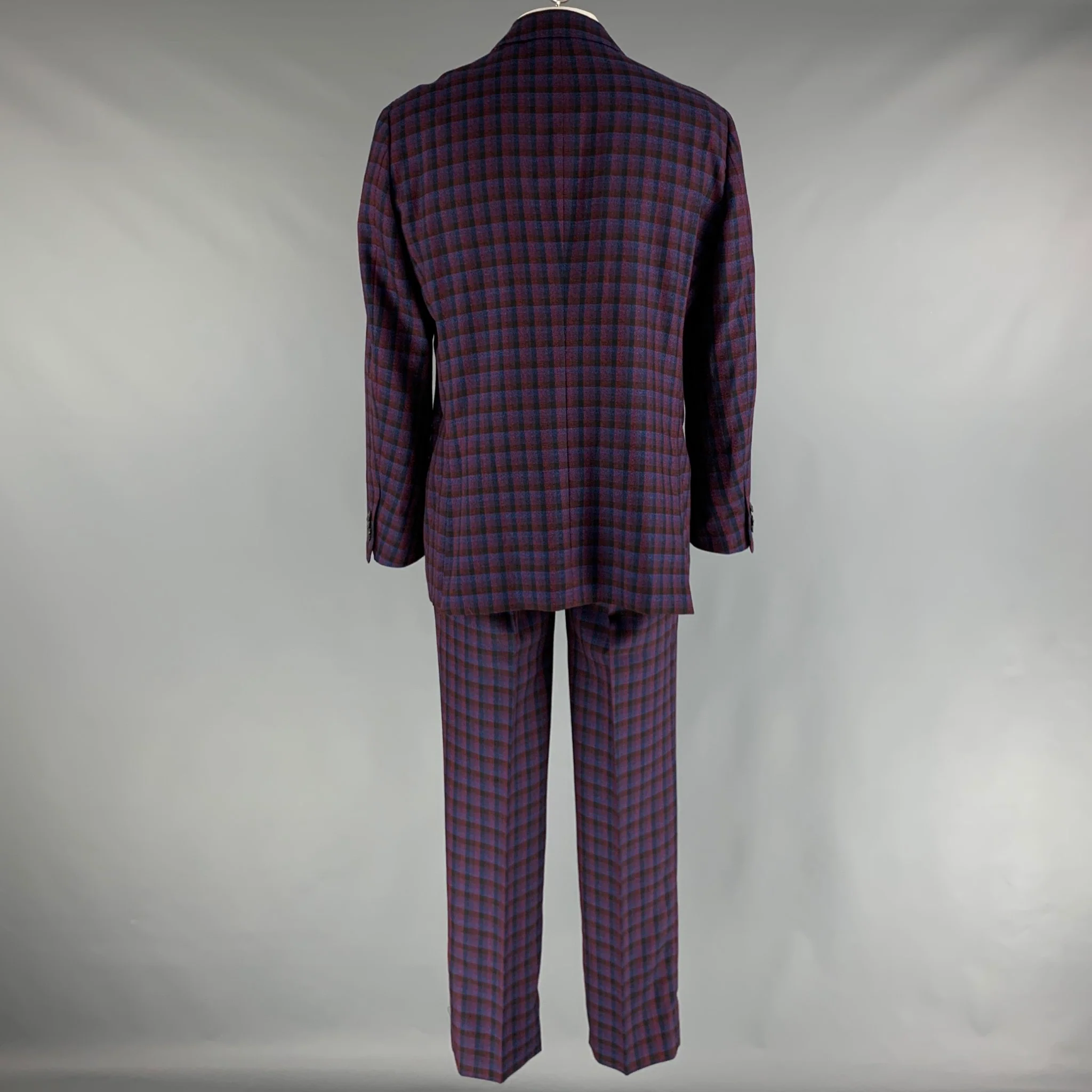 ETRO Chest Size 48 Navy Red Checkered Wool Single Breasted 37 31 Suit - Image 4