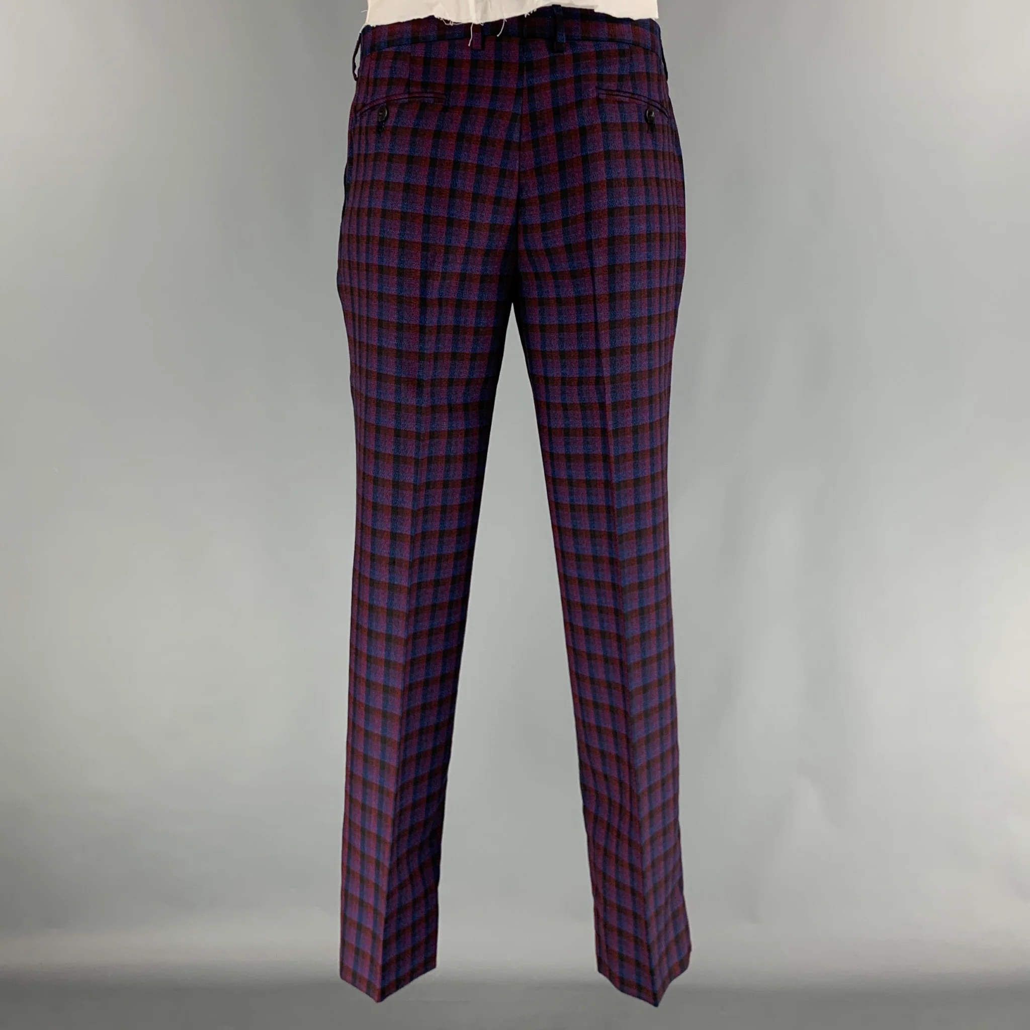 ETRO Chest Size 48 Navy Red Checkered Wool Single Breasted 37 31 Suit - Image 7
