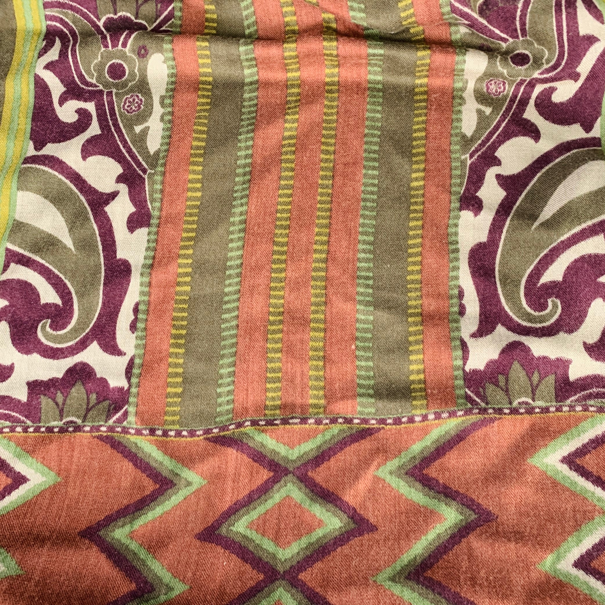 ETRO Green Brick Red Mixed Pattern Wool Blend Scarf - Image 2