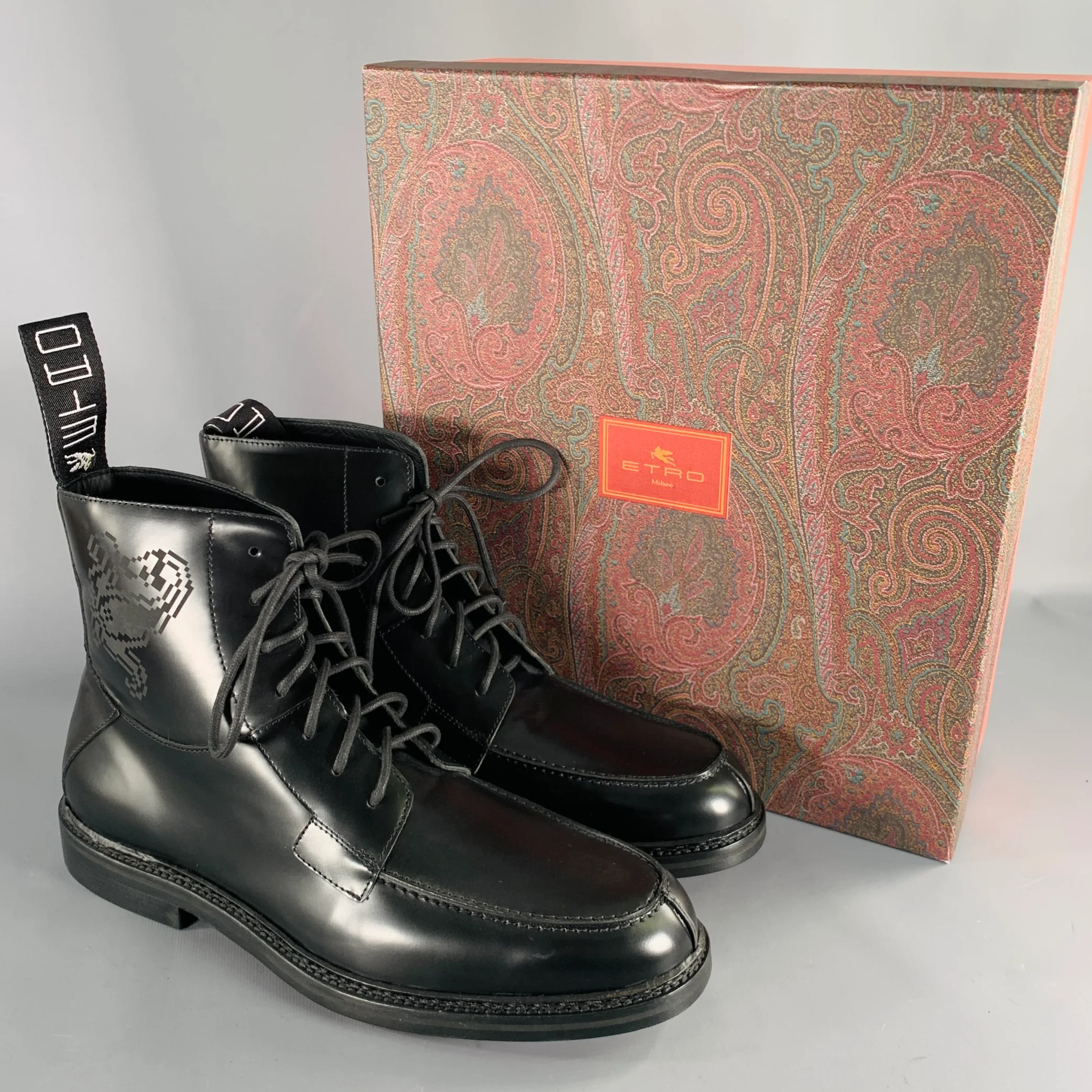 ETRO Size 12 Black Leather Pixel Art Lace-Up Boots - Image 10