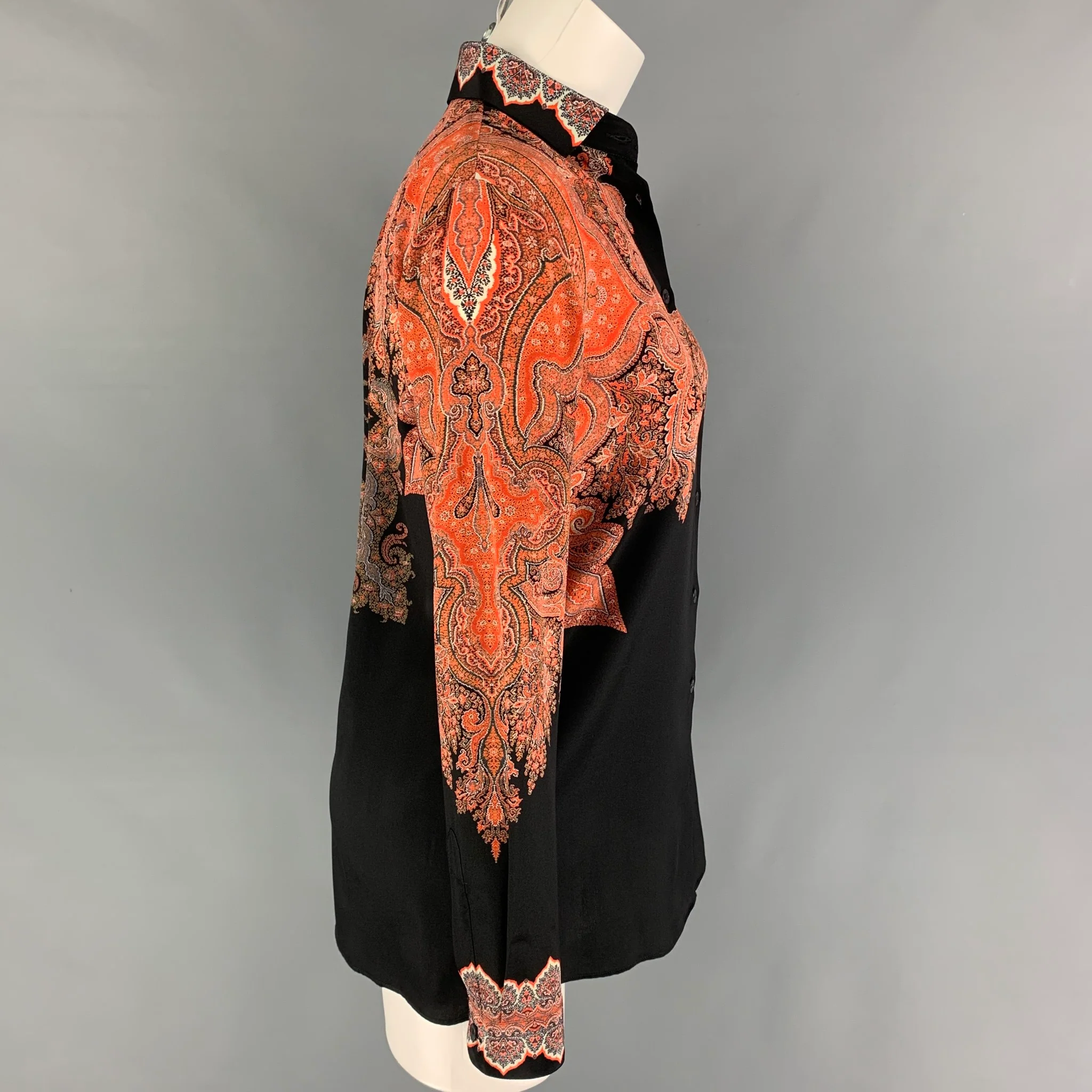 ETRO Size 2 Orange Black Silk Paisley Blouson Dress Top - Image 3