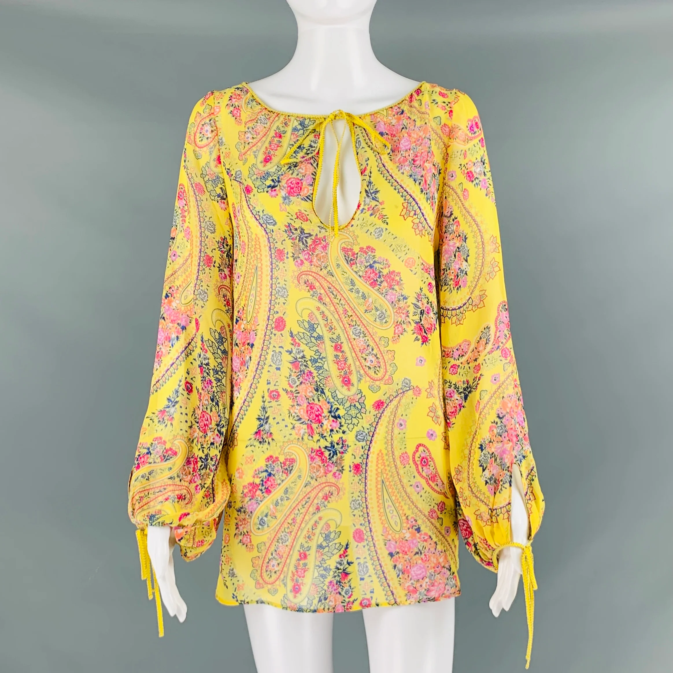 ETRO Size 2 Yellow Pink Silk Floral Long Sleeve Blouse