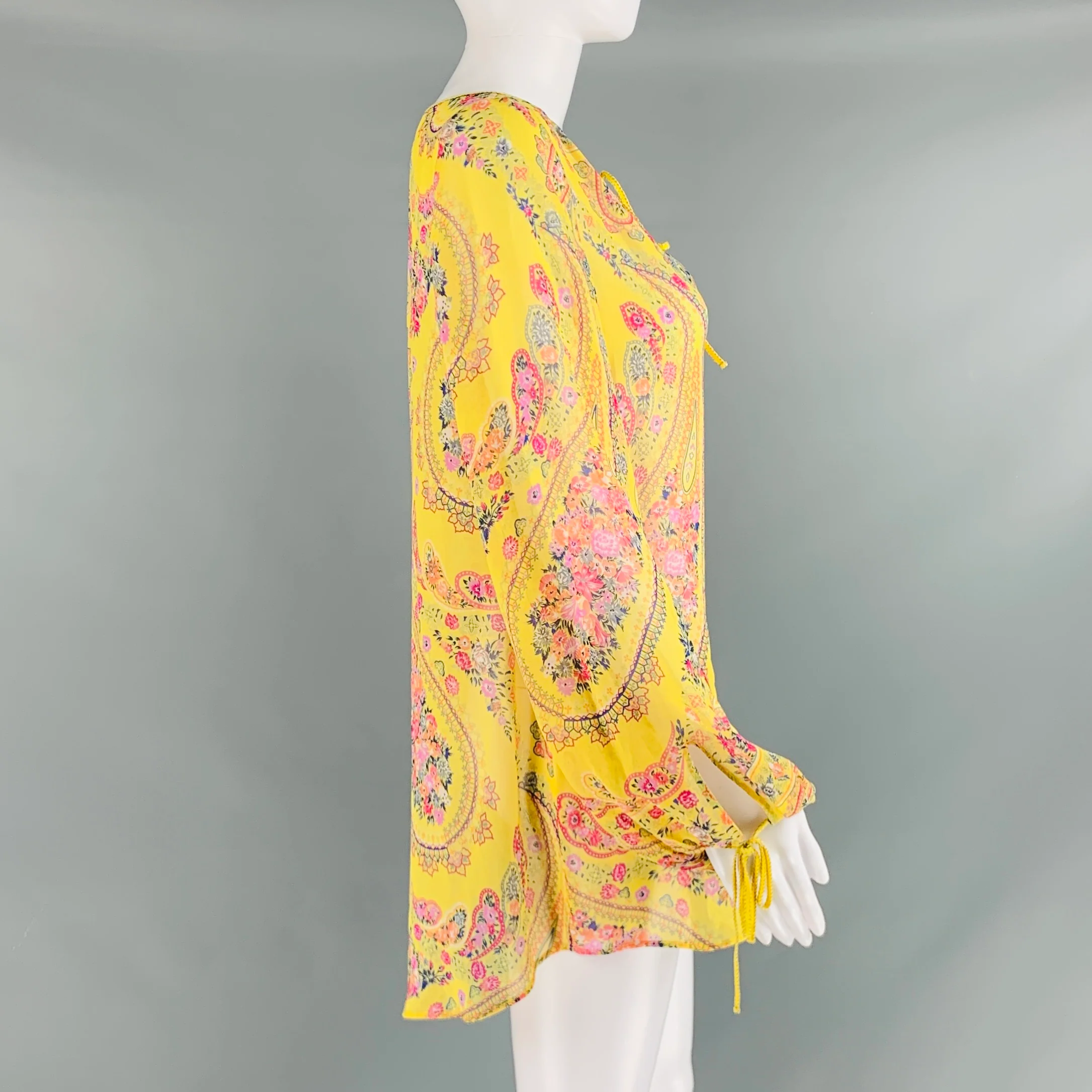 ETRO Size 2 Yellow Pink Silk Floral Long Sleeve Blouse - Image 3