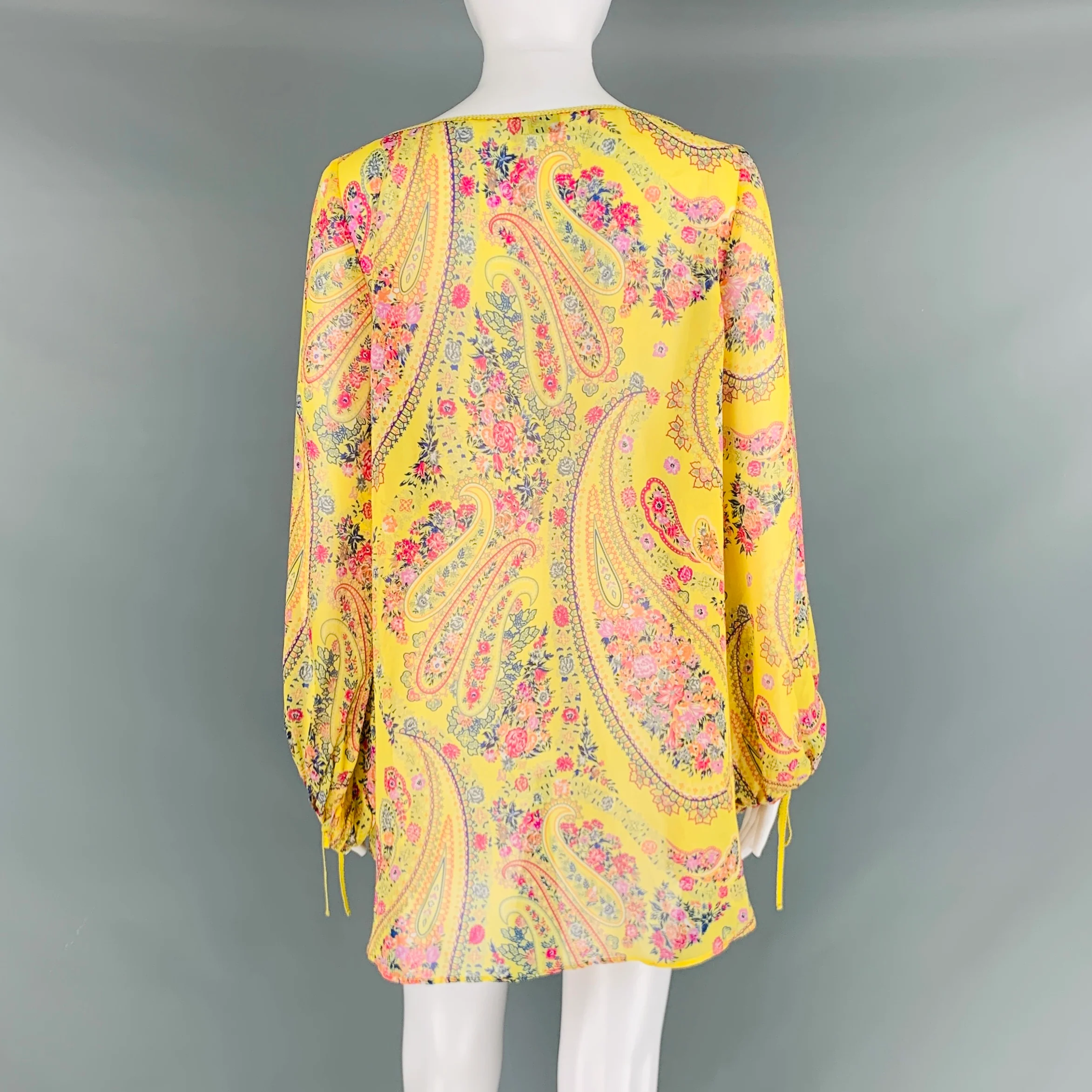 ETRO Size 2 Yellow Pink Silk Floral Long Sleeve Blouse - Image 4