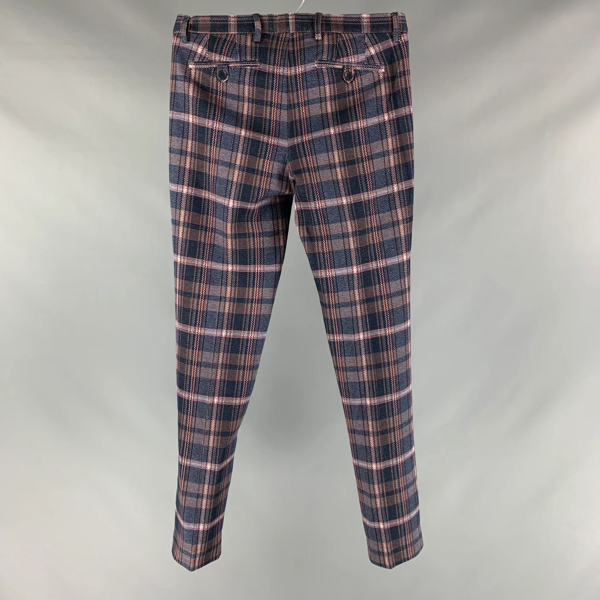 ETRO Size 30 Navy Plaid Cotton Flat Dress Pants - Image 3