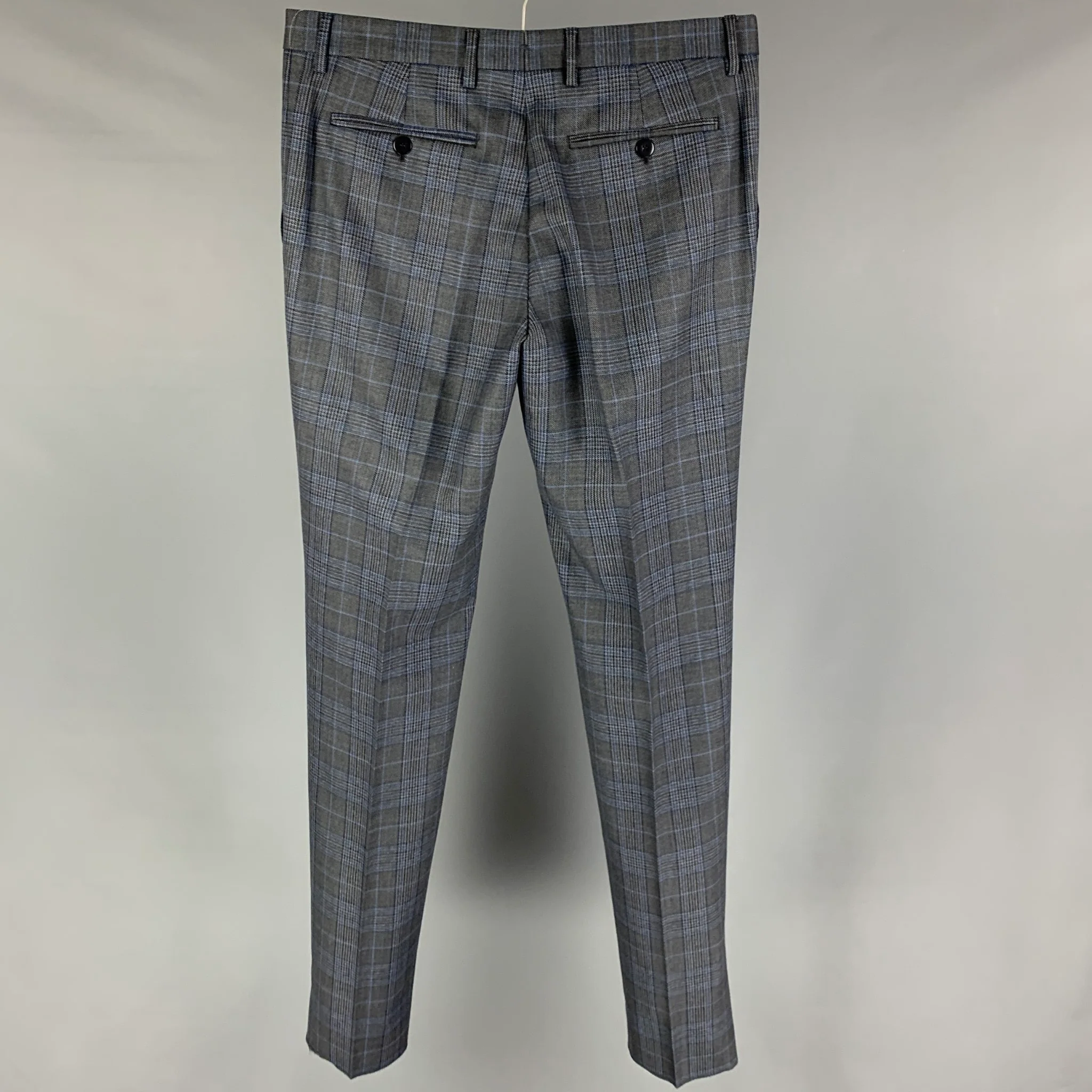ETRO Size 32 Grey Blue Plaid Wool Dress Pants - Image 3