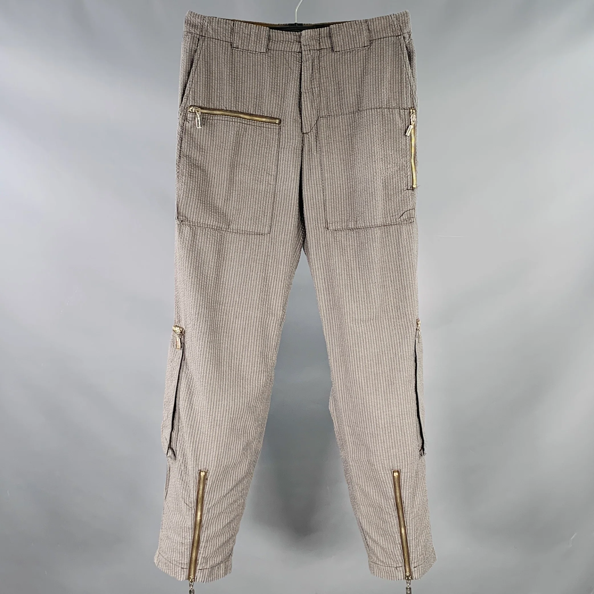 ETRO Size 32 Grey Taupe Stripe Polyester Cotton Zip Pockets Casual Pants