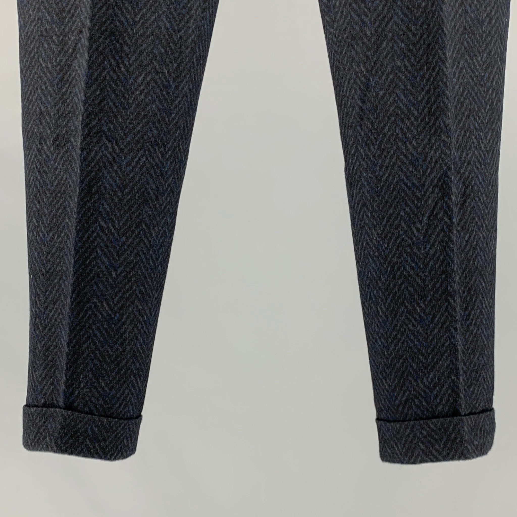 ETRO Size 34 Black Navy Herringbone Wool Blend Zip Fly Dress Pants - Image 3