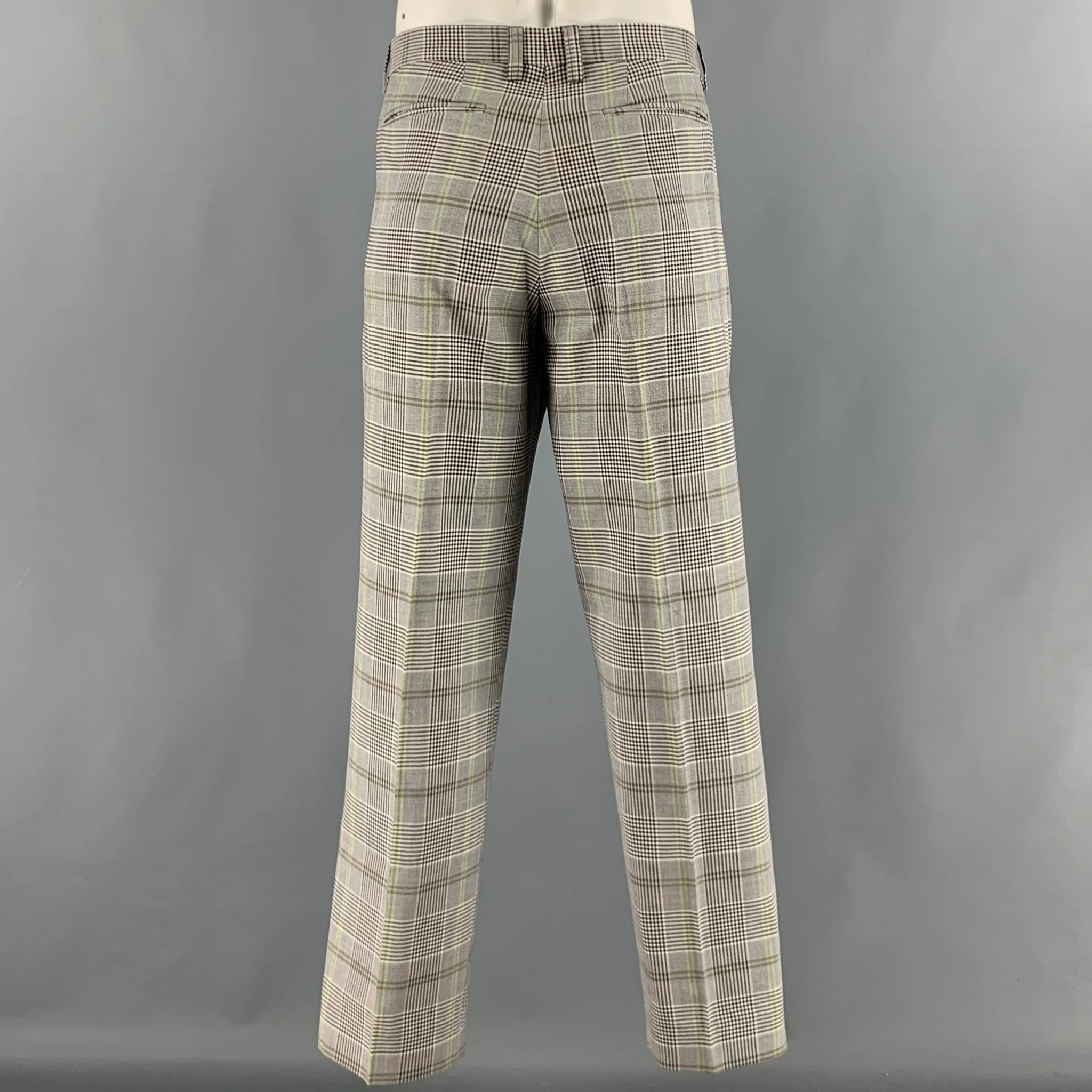 ETRO Size 36 White Black & Green Plaid Wool Cotton Zip Fly Dress Pants - Image 3