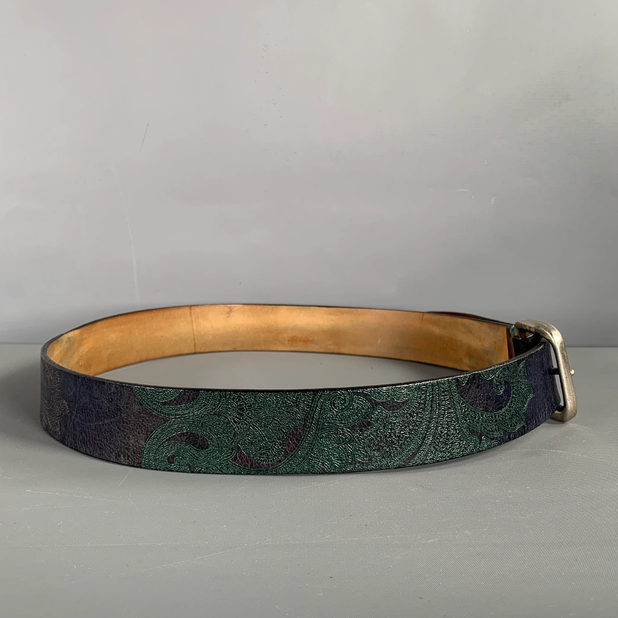 ETRO Size 38 Navy Green Paisley Leather Belt - Image 2