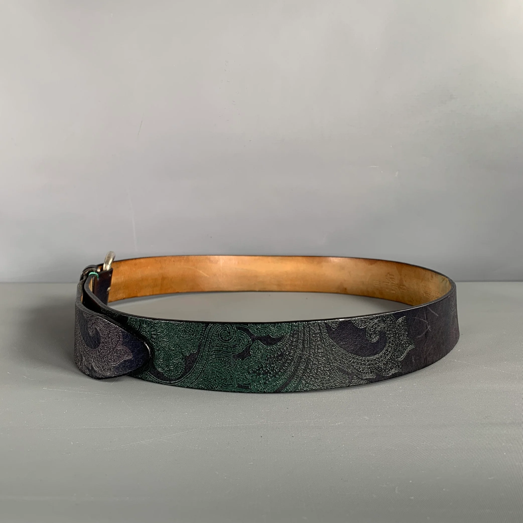 ETRO Size 38 Navy Green Paisley Leather Belt - Image 4