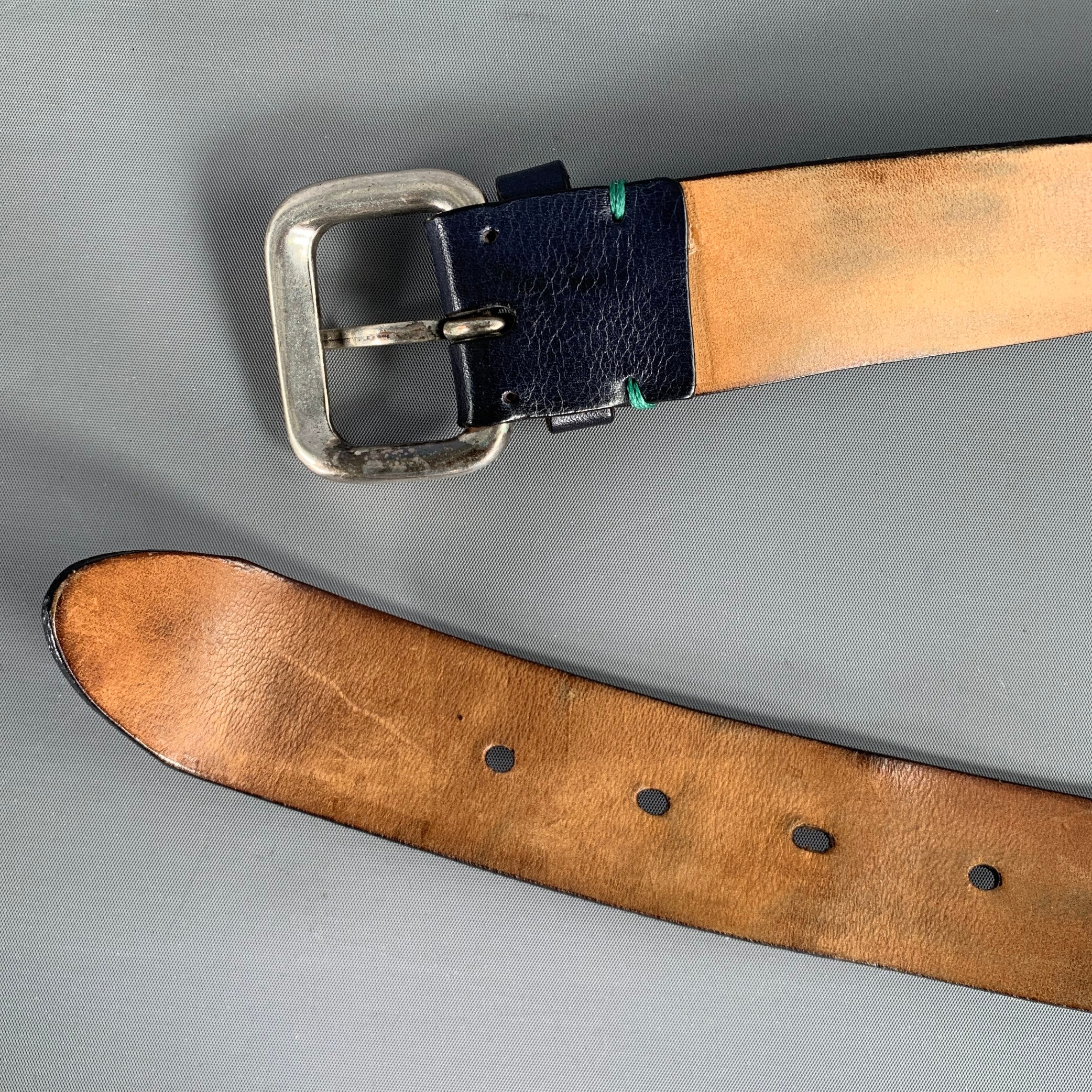 ETRO Size 38 Navy Green Paisley Leather Belt - Image 7