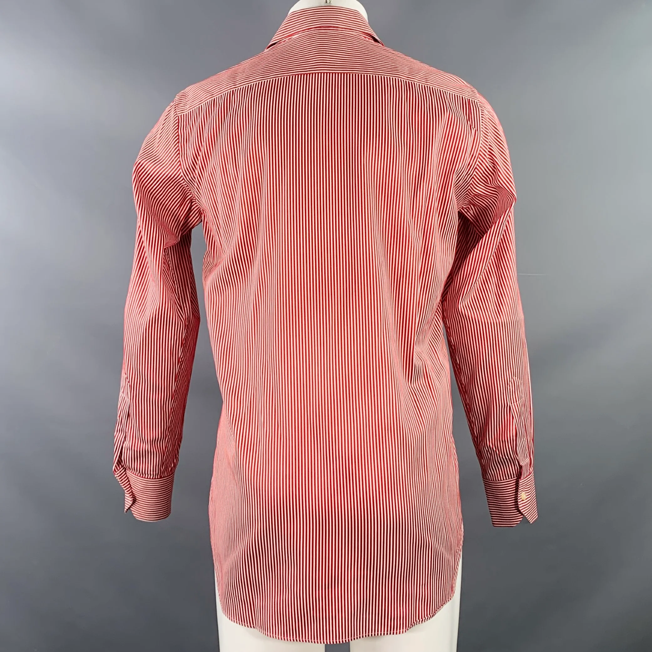ETRO Size 38 Red White Stripe Cotton Spread Collar Long Sleeve Shirt - Image 4