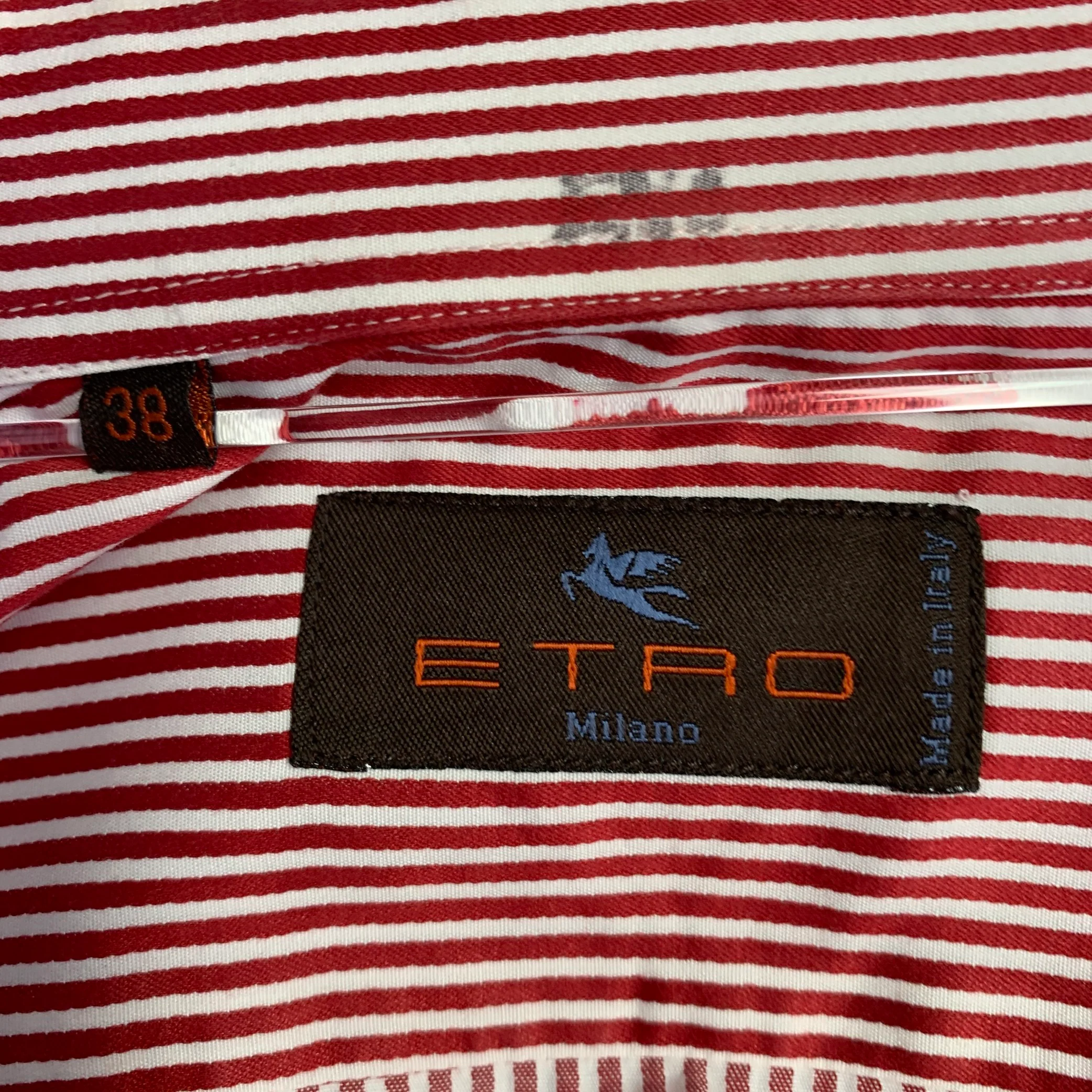 ETRO Size 38 Red White Stripe Cotton Spread Collar Long Sleeve Shirt - Image 5
