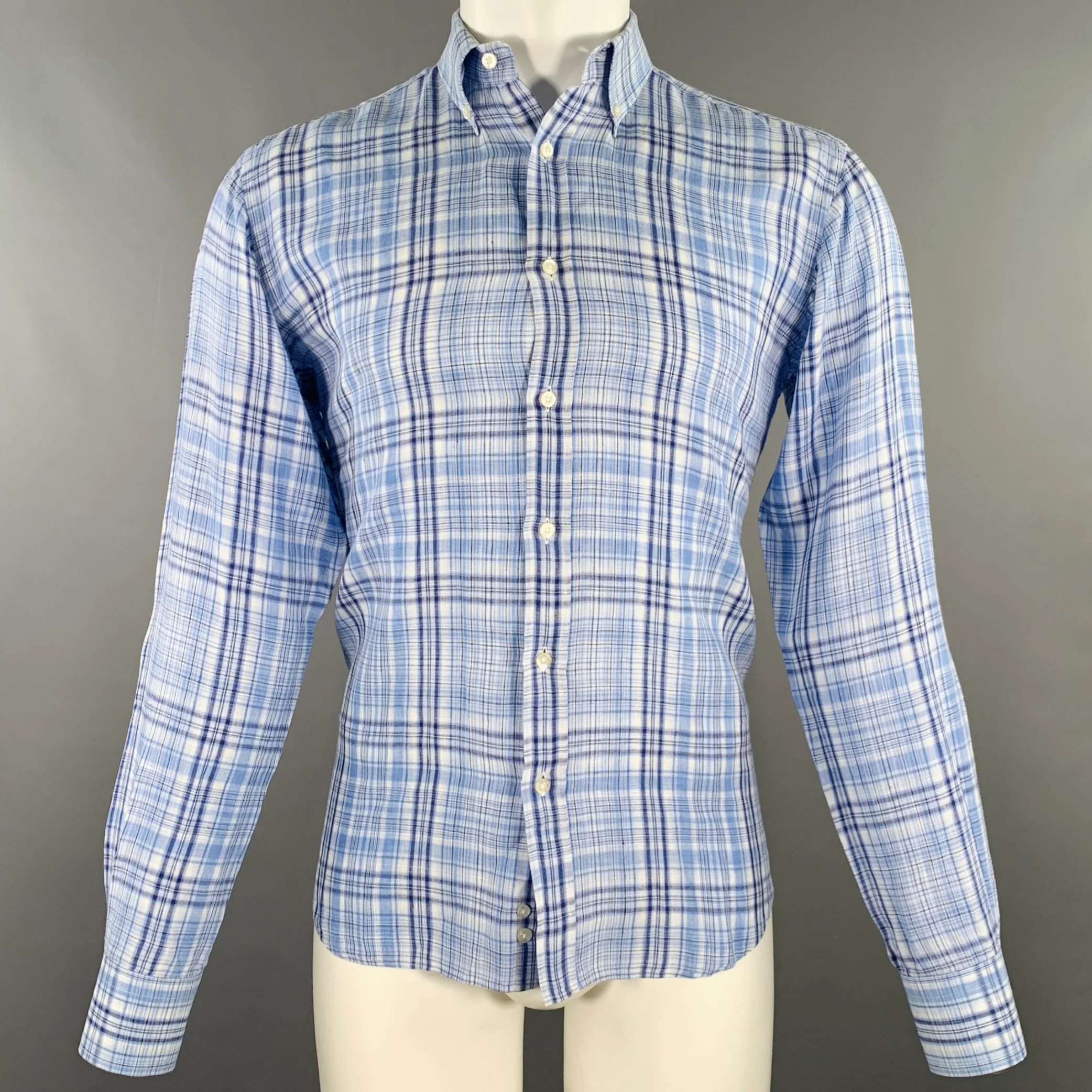 ETRO Size 40 Blue White Plaid Button Down Long Sleeve Shirt