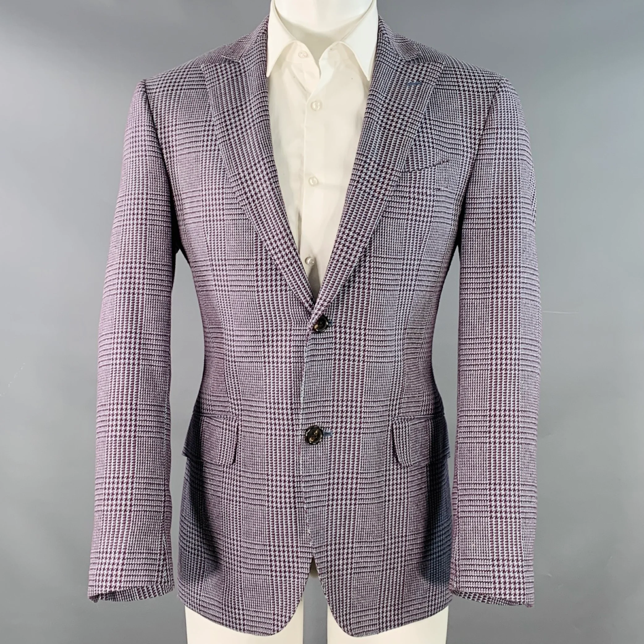 ETRO Size 40 Grey Burgundy Glenplaid Silk Cotton Slim Fit Peak Lapel Sport Coat