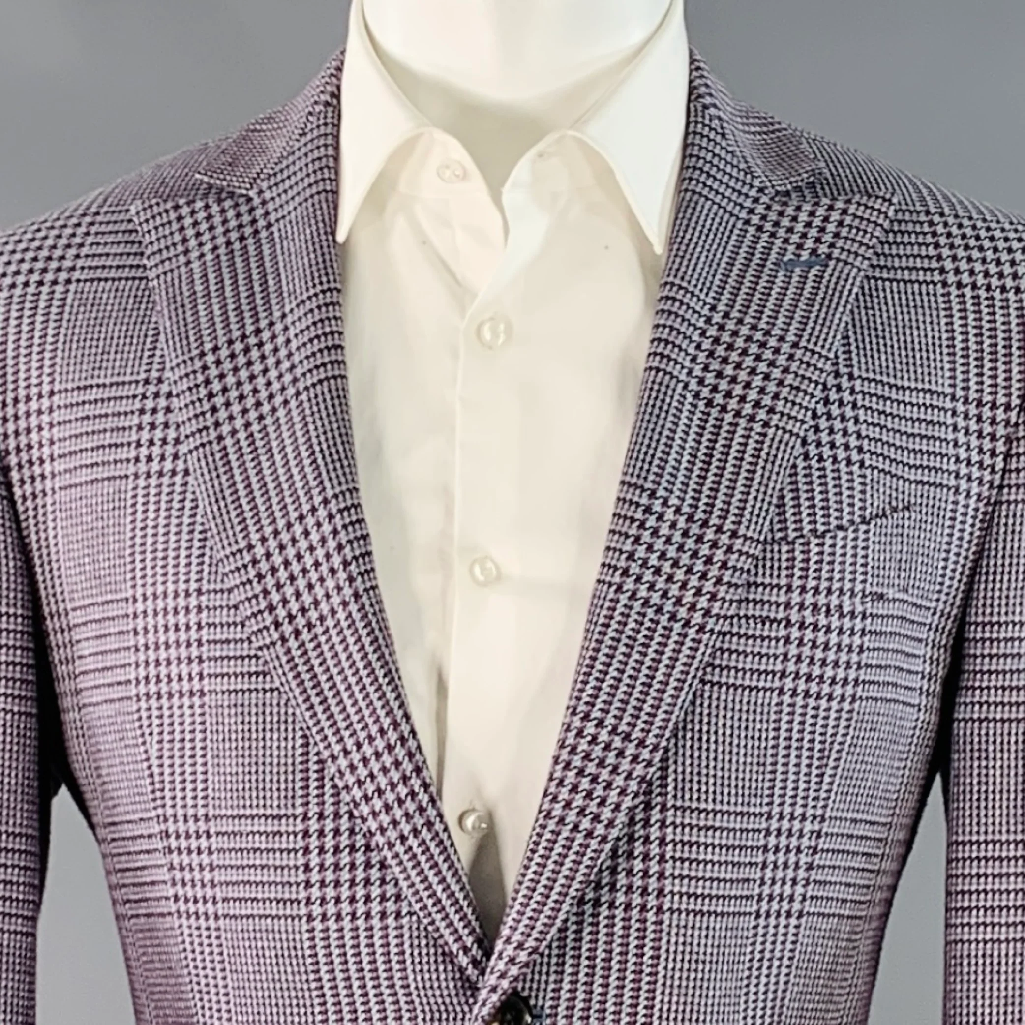 ETRO Size 40 Grey Burgundy Glenplaid Silk Cotton Slim Fit Peak Lapel Sport Coat - Image 2