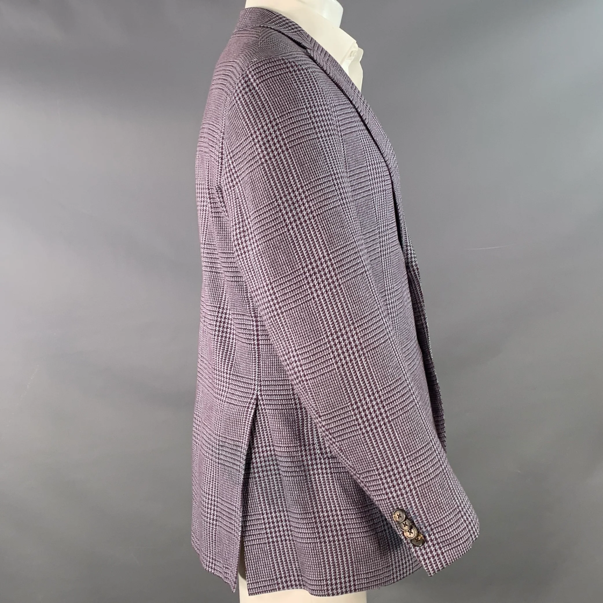 ETRO Size 40 Grey Burgundy Glenplaid Silk Cotton Slim Fit Peak Lapel Sport Coat - Image 4