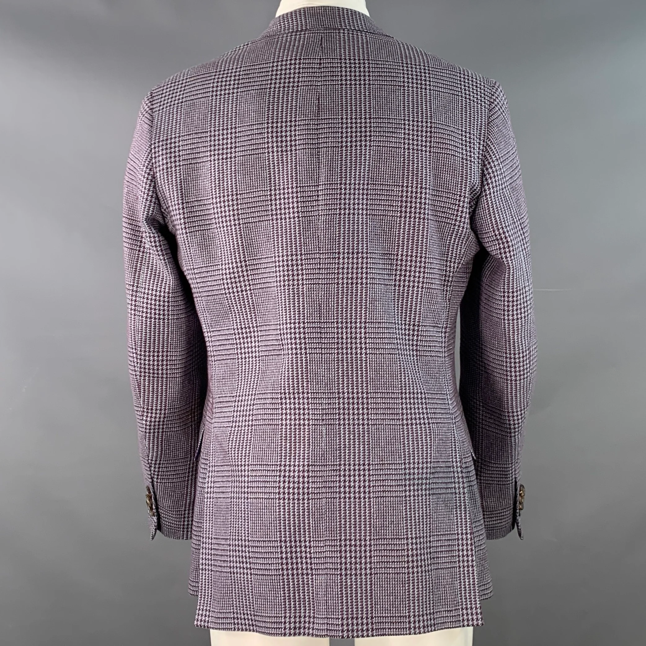 ETRO Size 40 Grey Burgundy Glenplaid Silk Cotton Slim Fit Peak Lapel Sport Coat - Image 5