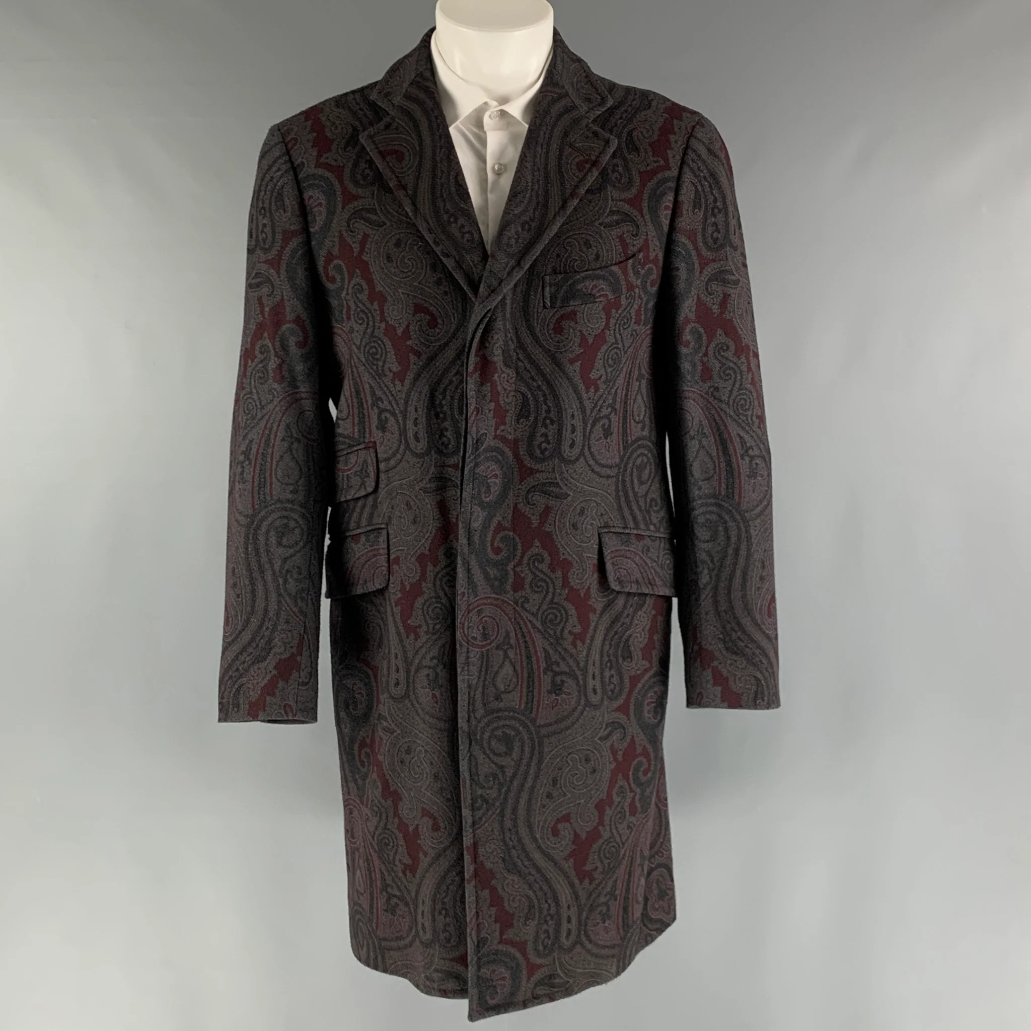 ETRO Size 40 Grey Burgundy Paisley Wool Polyamide Coat