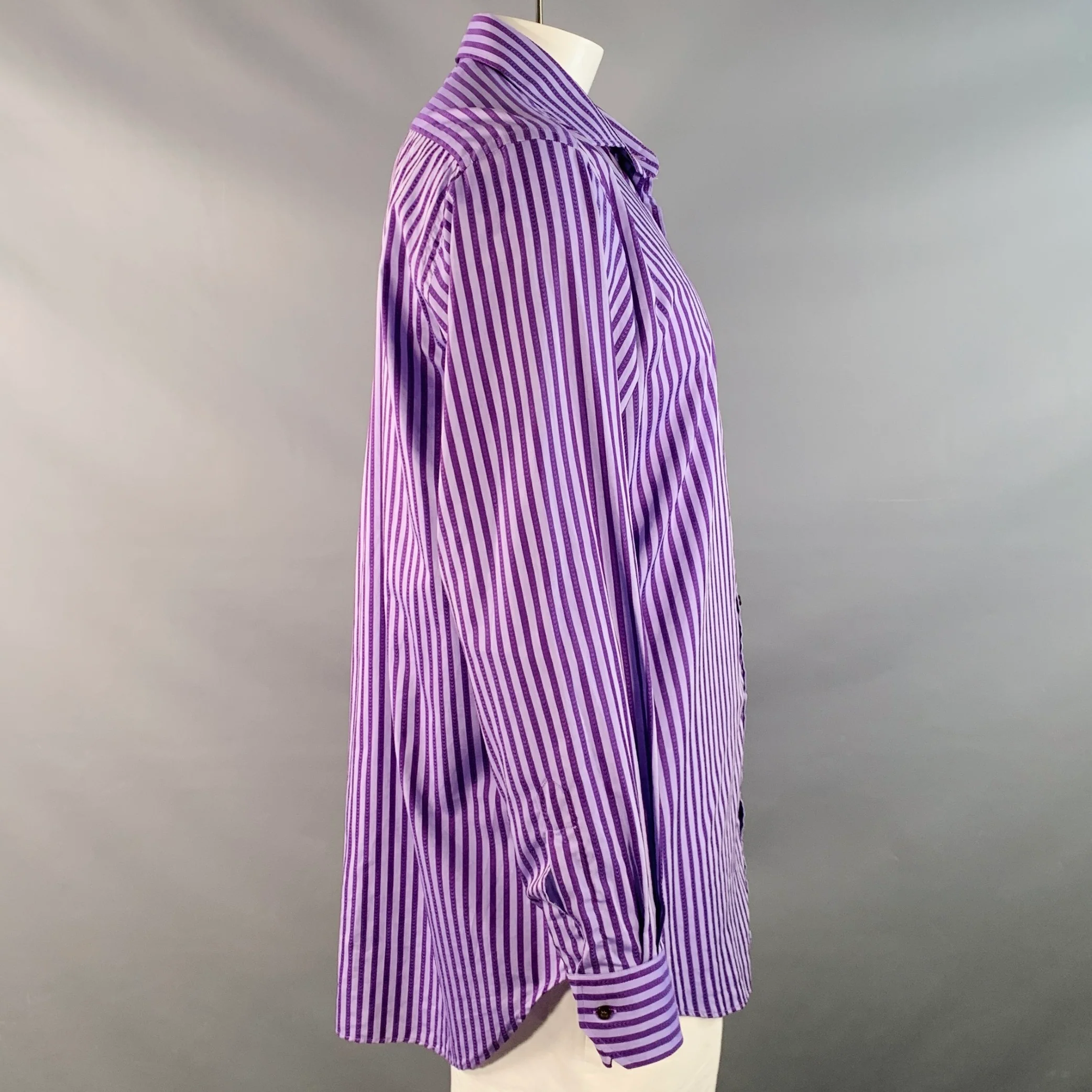 ETRO Size 44 Purple Lilac Stripe Cotton Spread Collar Long Sleeve Shirt - Image 3