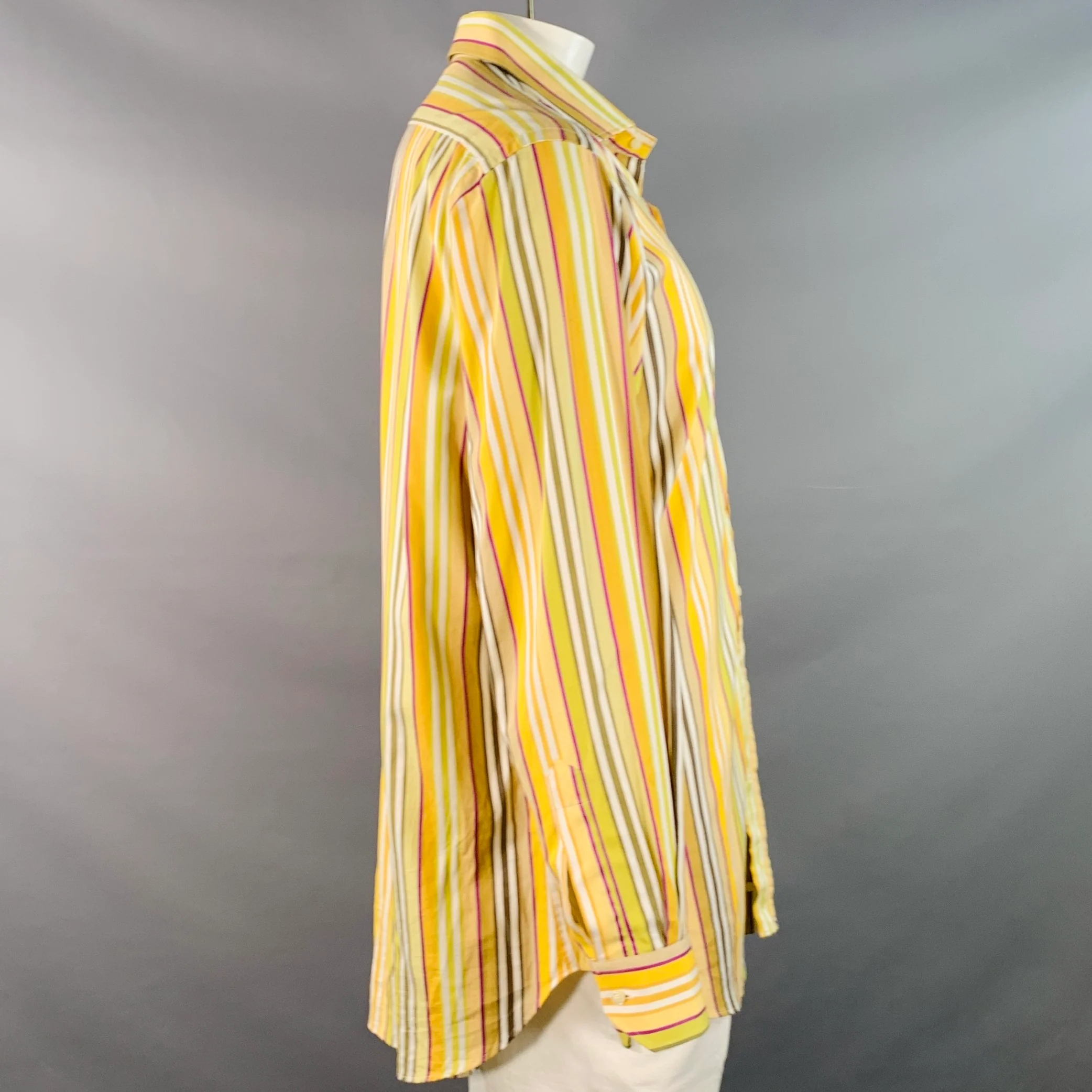 ETRO Size 44 Yellow Green White Stripe Cotton Curved Cutaway Long Sleeve Shirt - Image 3