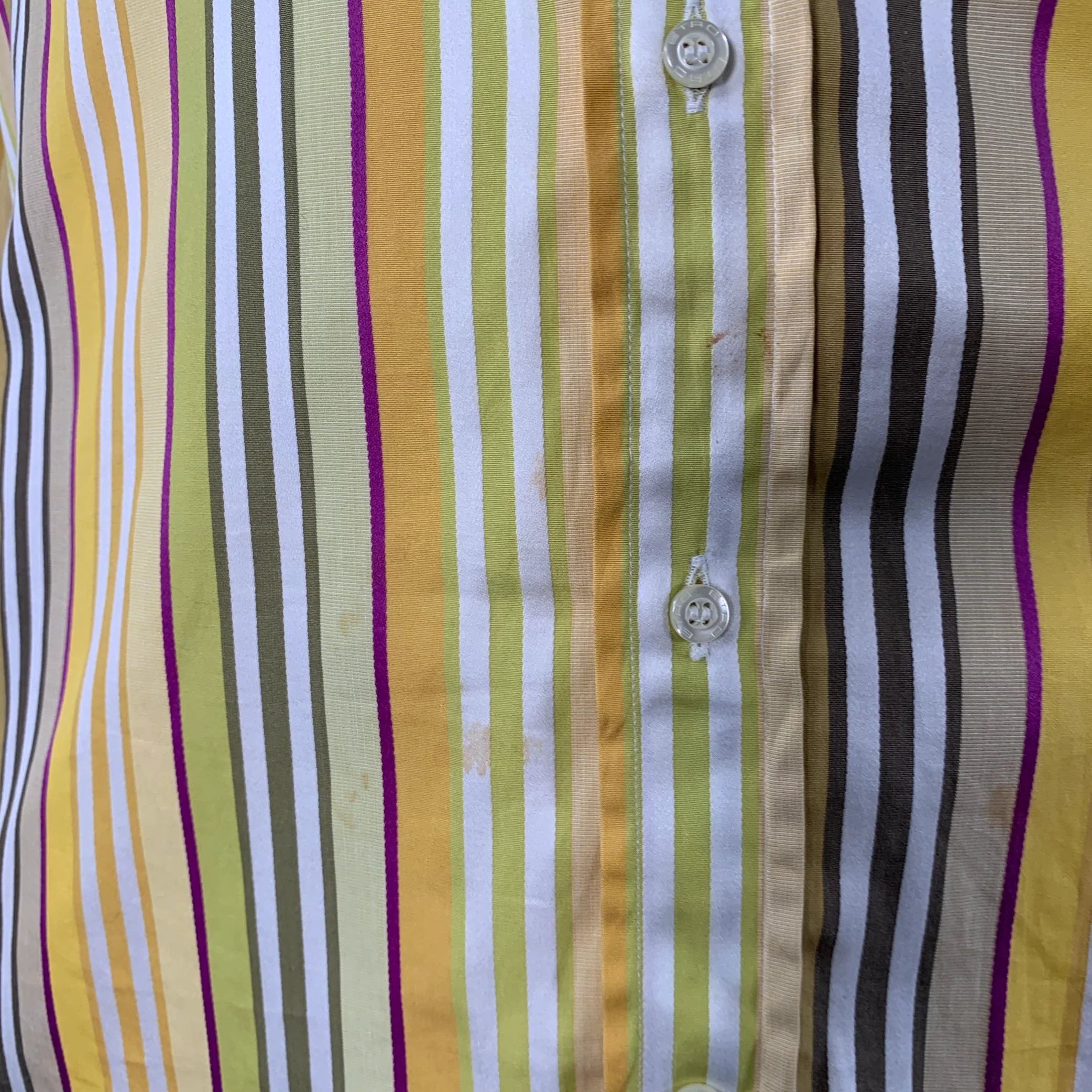 ETRO Size 44 Yellow Green White Stripe Cotton Curved Cutaway Long Sleeve Shirt - Image 5