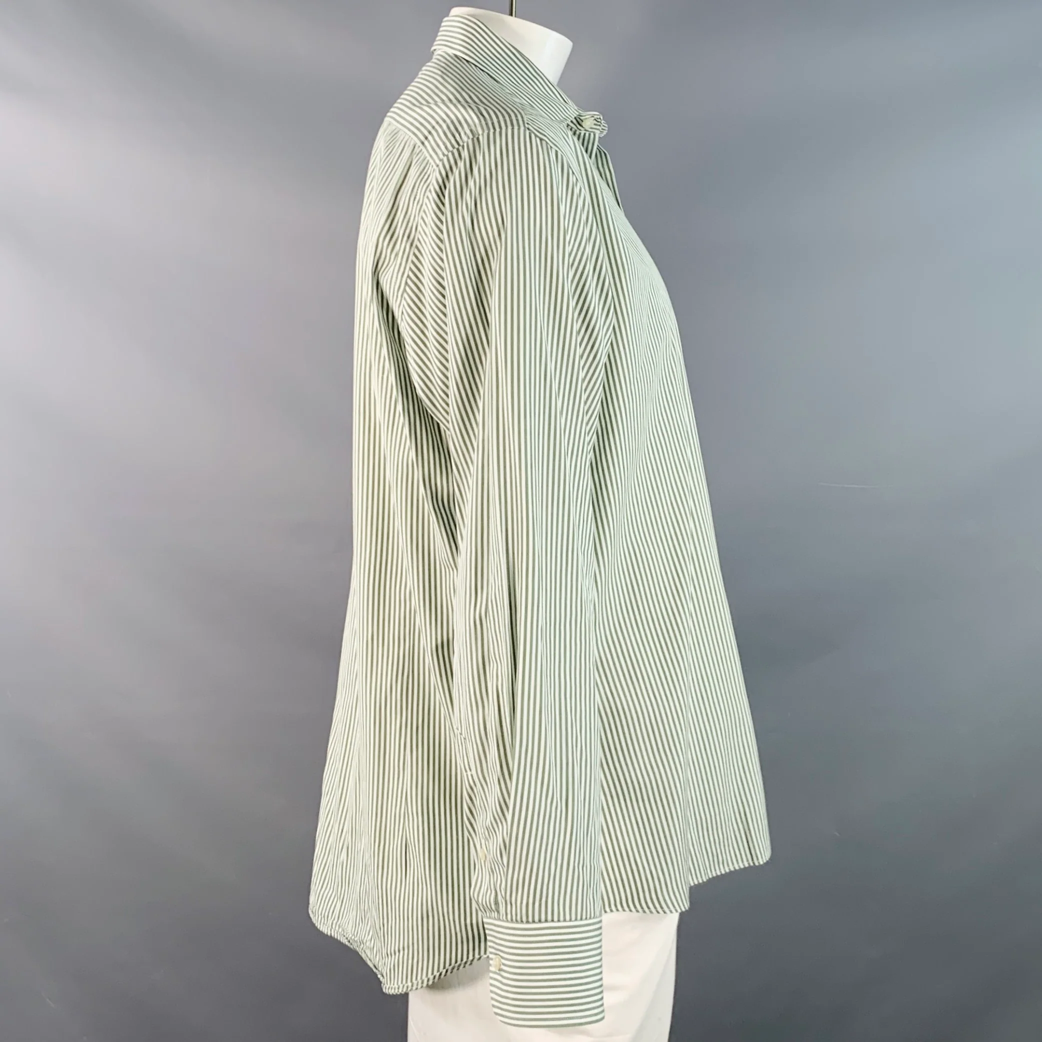 ETRO Size 45 Green White Stripe Cotton Curved Cutaway Long Sleeve Shirt - Image 3
