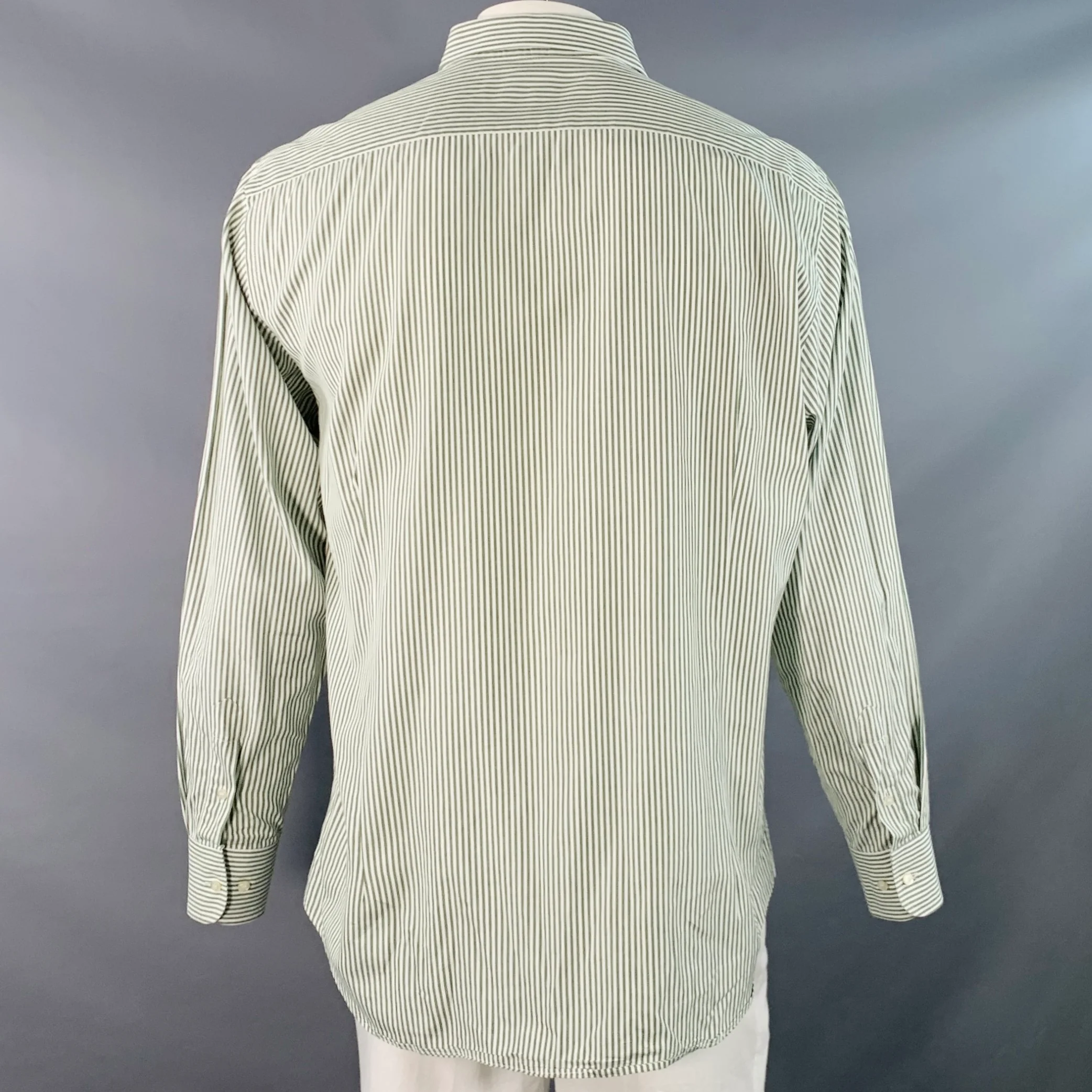 ETRO Size 45 Green White Stripe Cotton Curved Cutaway Long Sleeve Shirt - Image 4