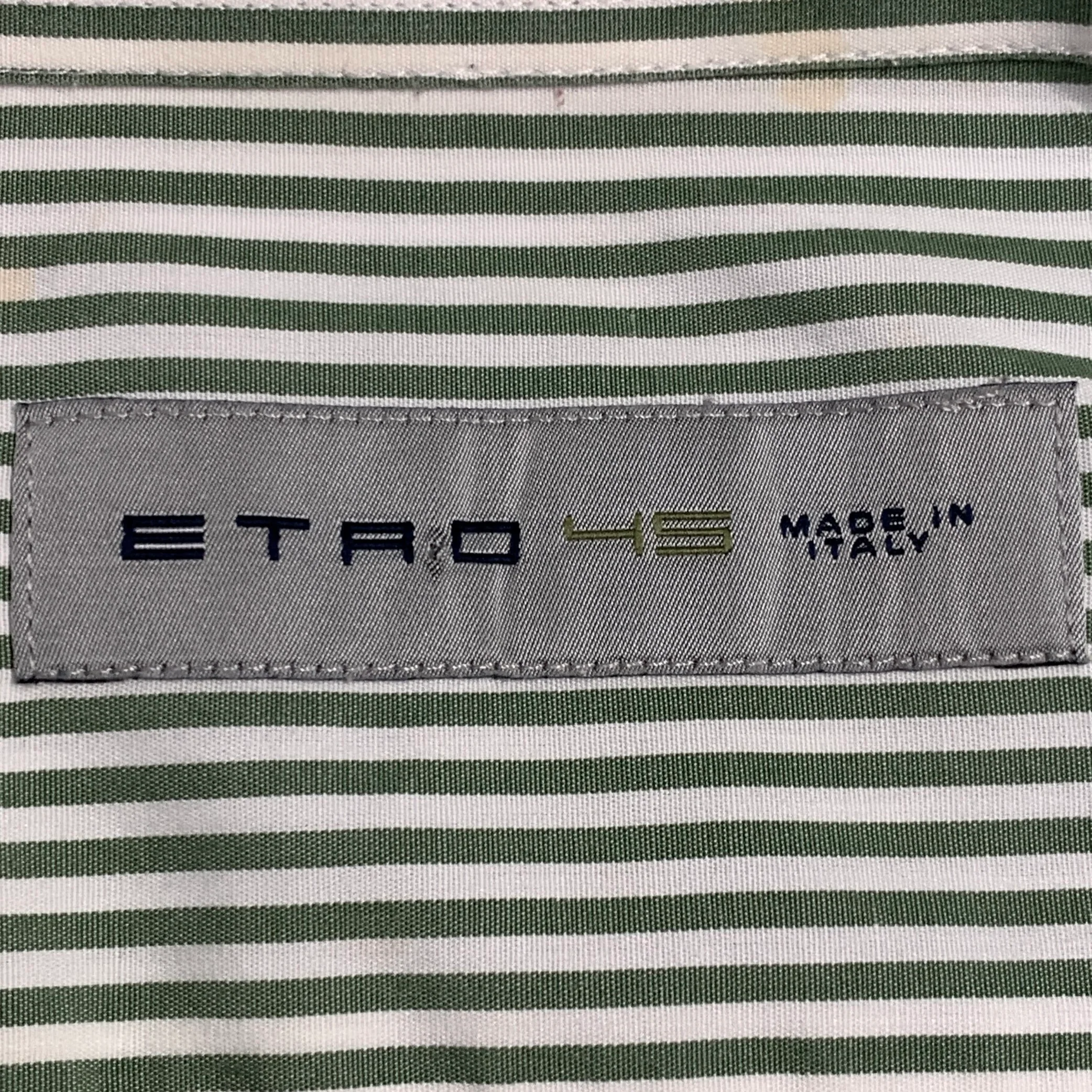 ETRO Size 45 Green White Stripe Cotton Curved Cutaway Long Sleeve Shirt - Image 5