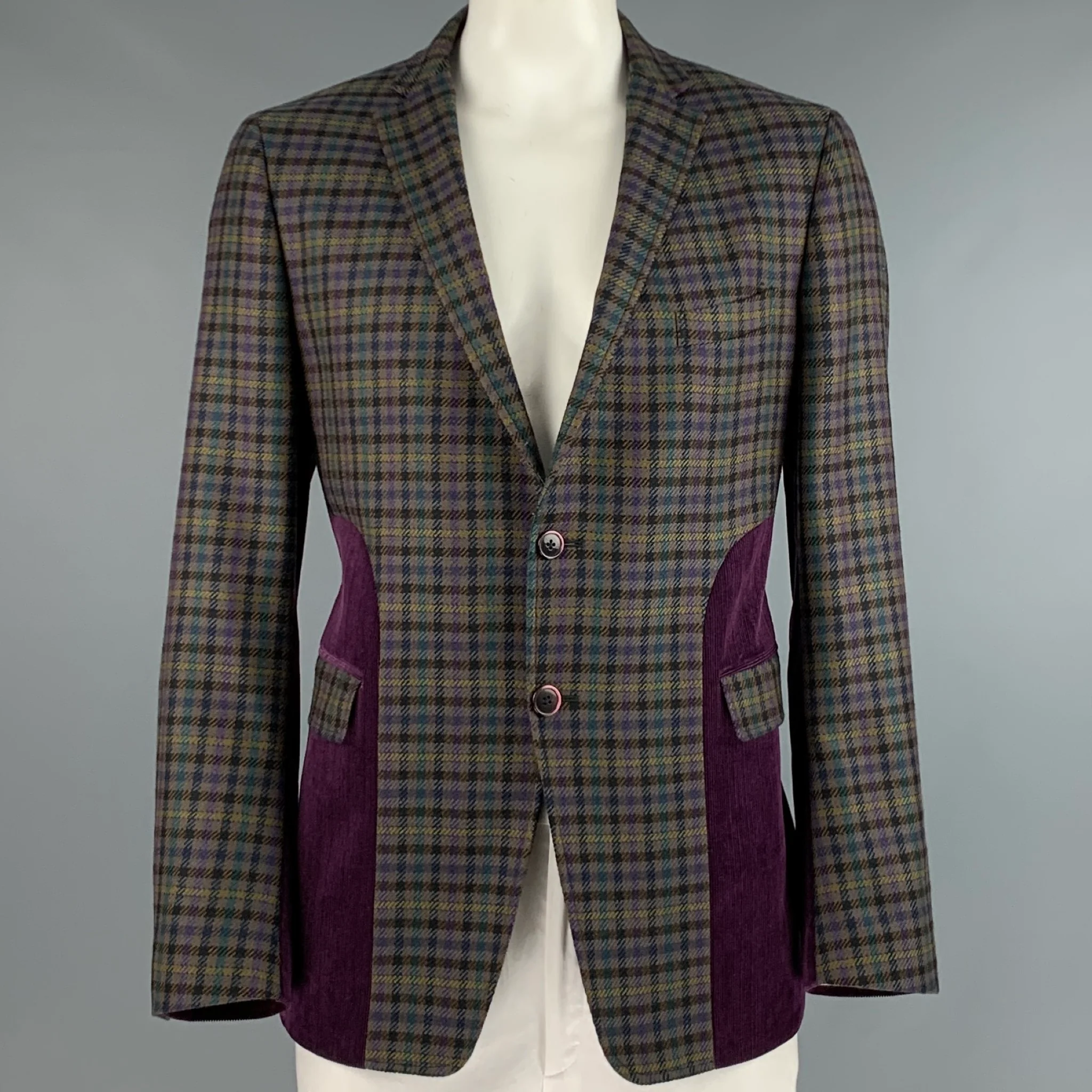 ETRO Size 46 Multi-Color Purple Plaid Wool Notch Lapel Sport Coat