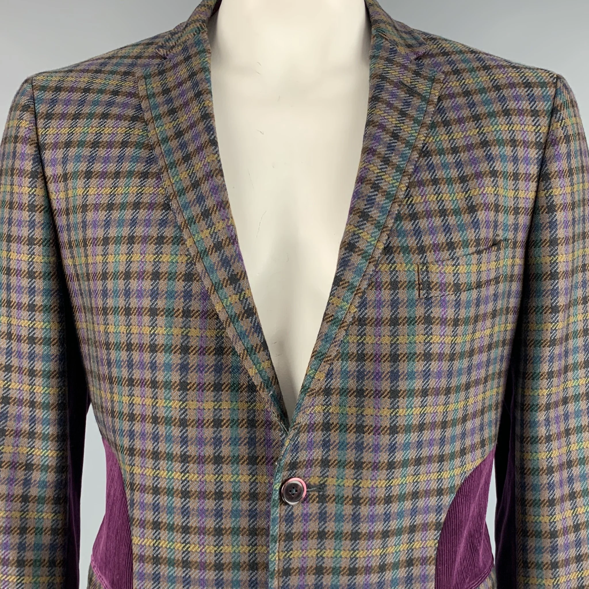 ETRO Size 46 Multi-Color Purple Plaid Wool Notch Lapel Sport Coat - Image 2