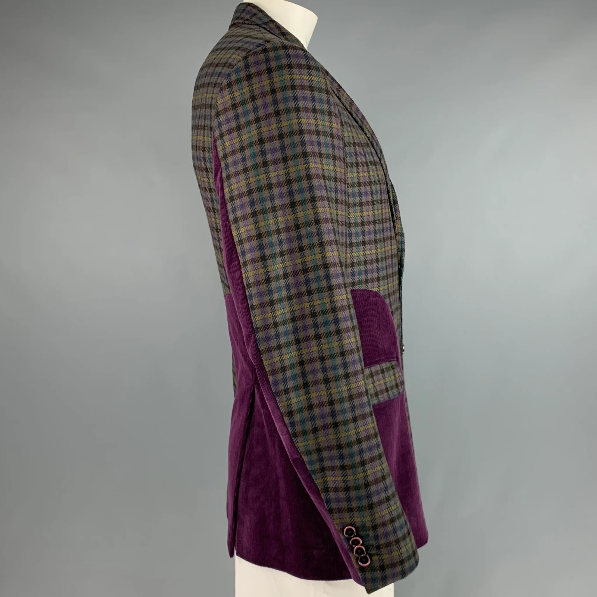 ETRO Size 46 Multi-Color Purple Plaid Wool Notch Lapel Sport Coat - Image 3