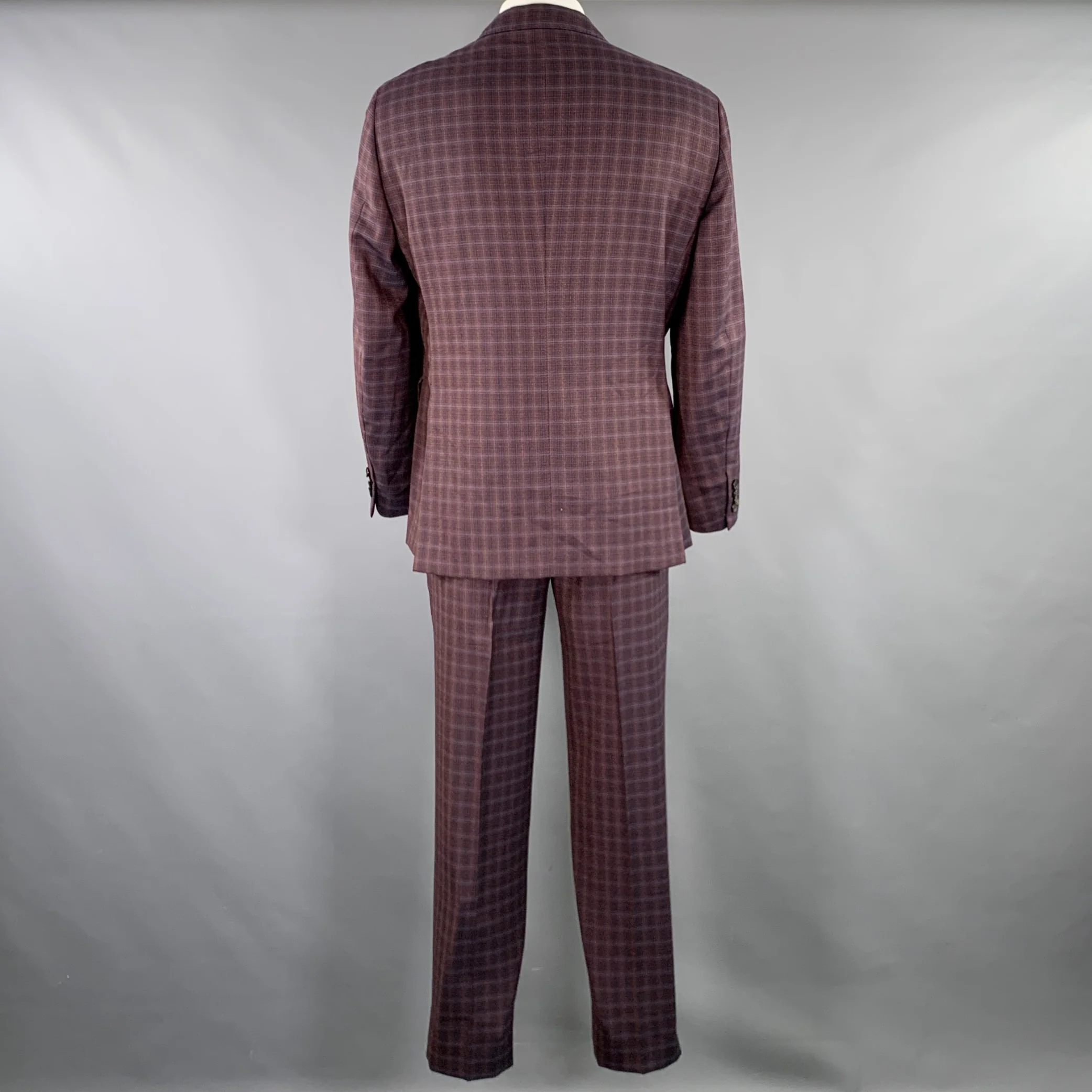ETRO Size 48 Burgundy Black Gold Plaid Wool Notch Lapel Suit - Image 3
