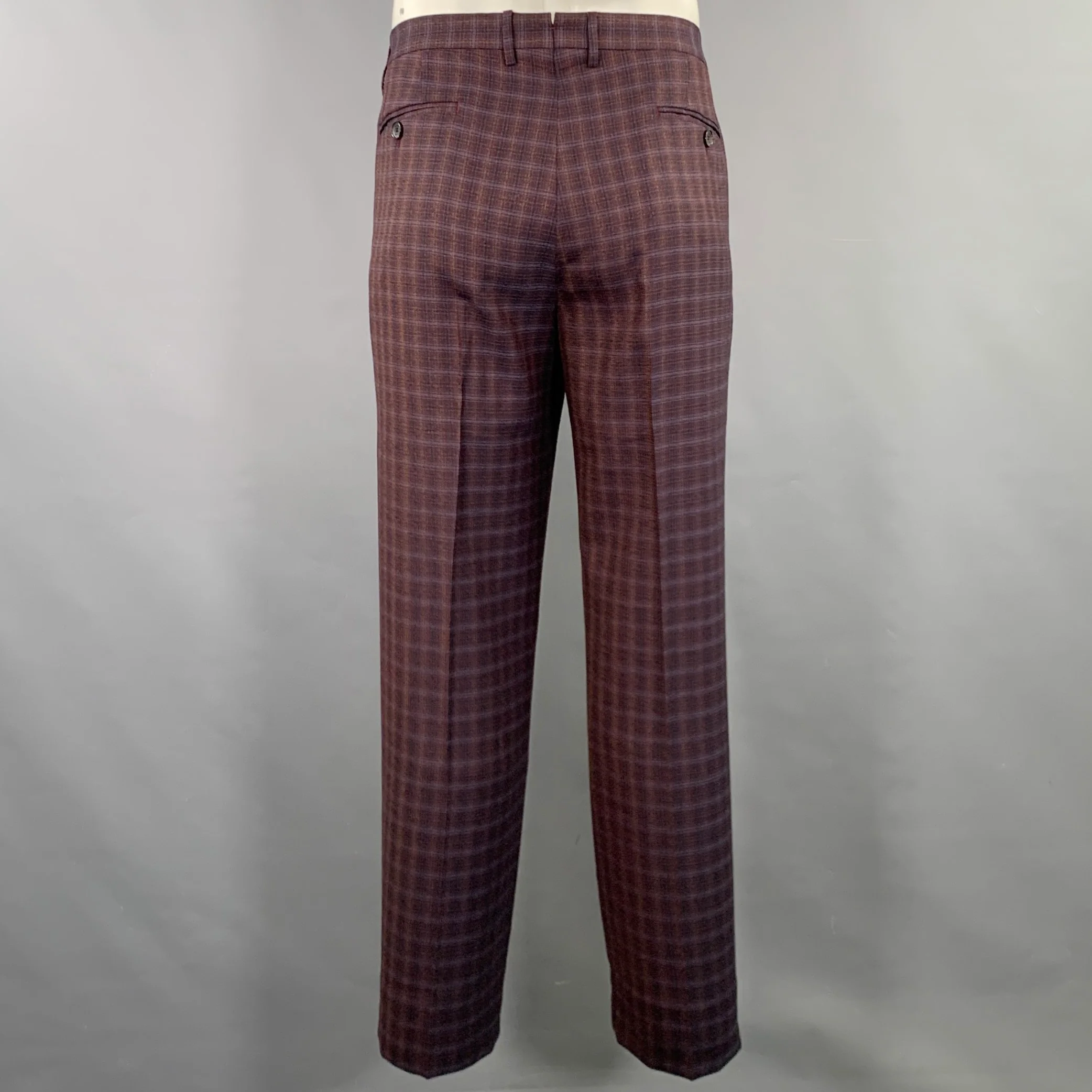 ETRO Size 48 Burgundy Black Gold Plaid Wool Notch Lapel Suit - Image 5