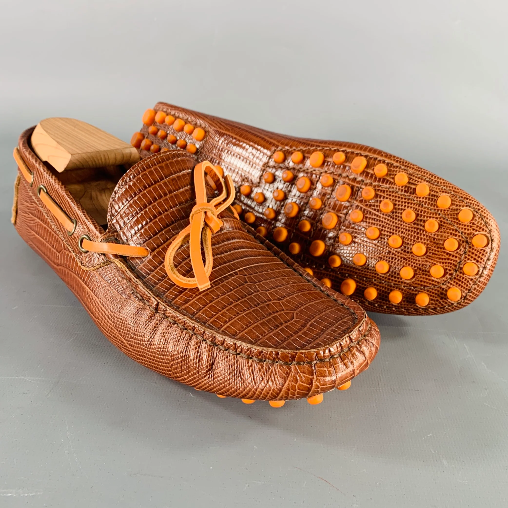 ETRO Size 8 Brown Cognac Embossed Leather Drivers Loafers - Image 5
