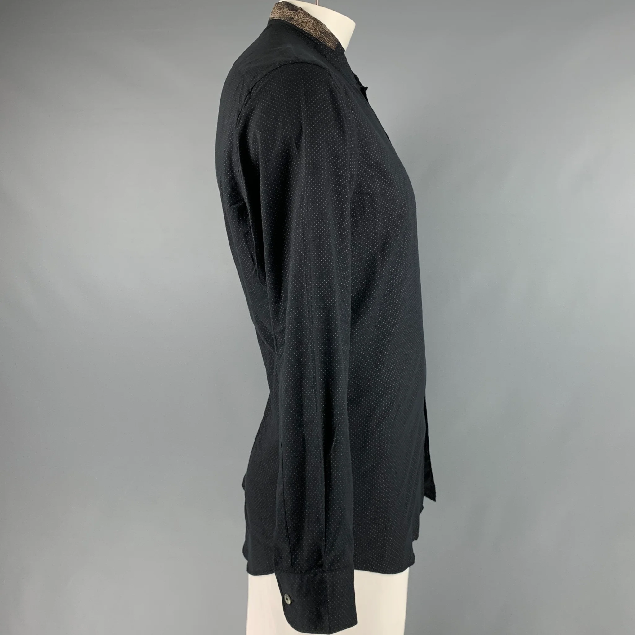 ETRO Size L Black Brown Dots Wool Collarless Long Sleeve Shirt - Image 3