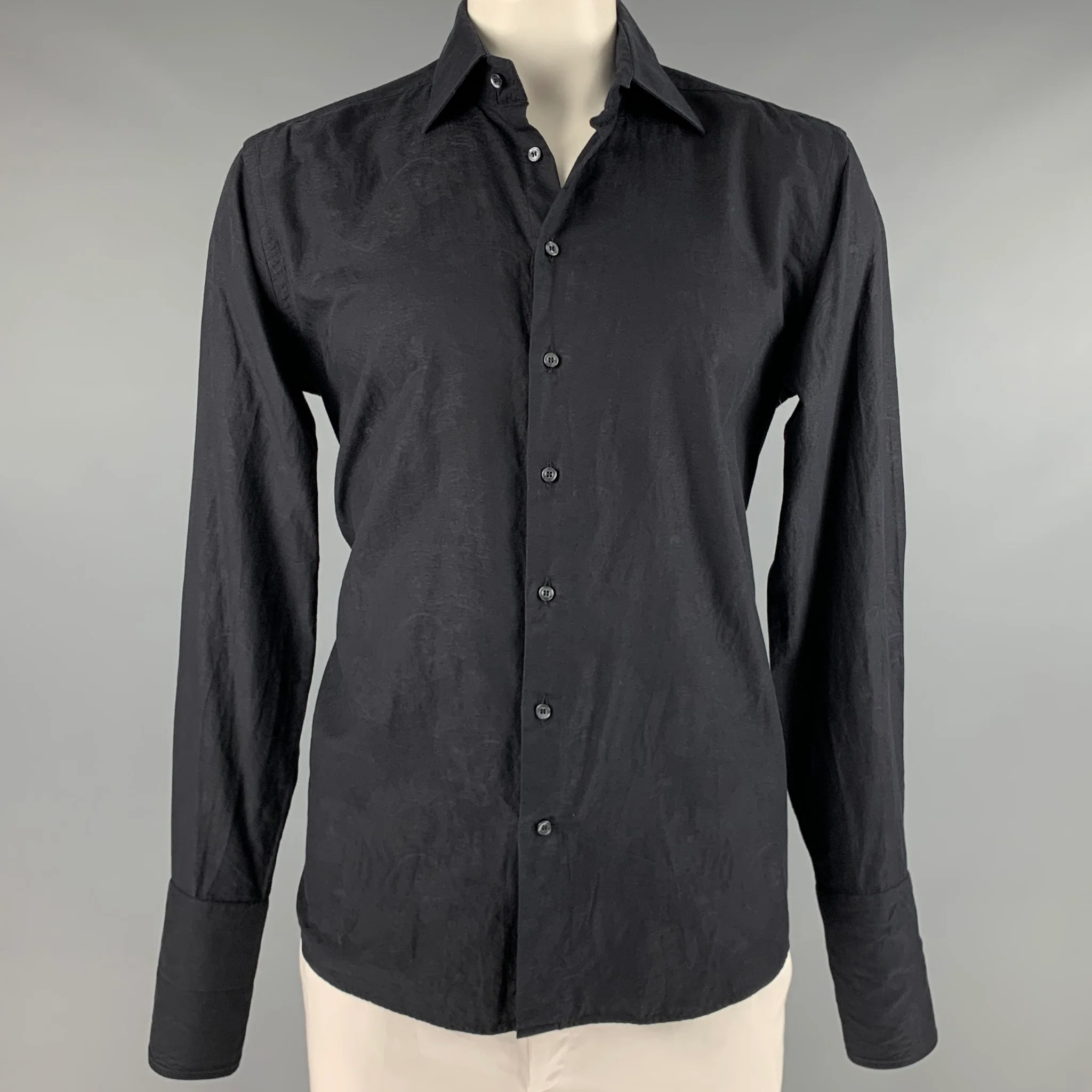 ETRO Size L Black Paisley Cotton French Cuff Long Sleeve Shirt