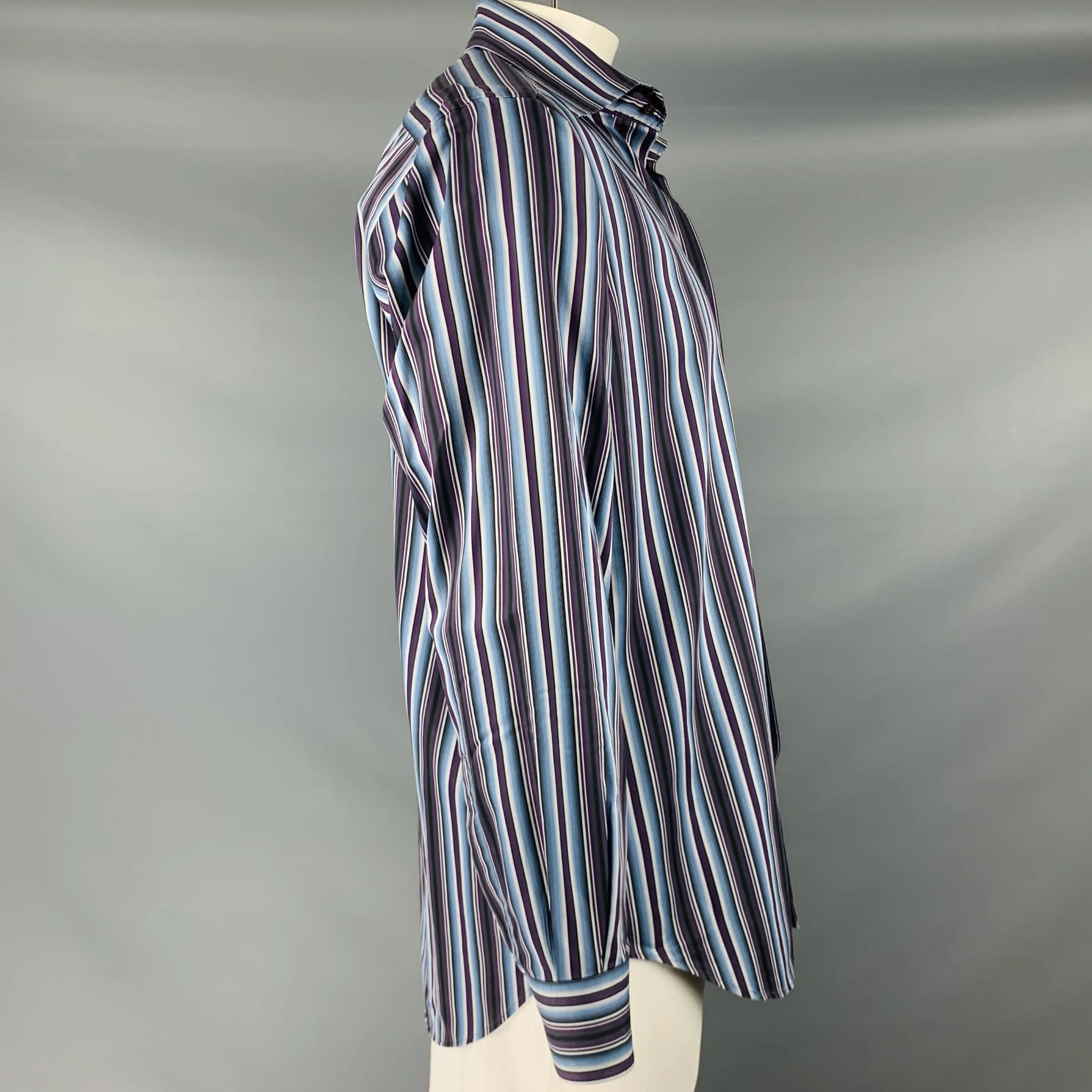 ETRO Size L Blue Purple Stripe Cotton Button Up Long Sleeve Shirt - Image 3