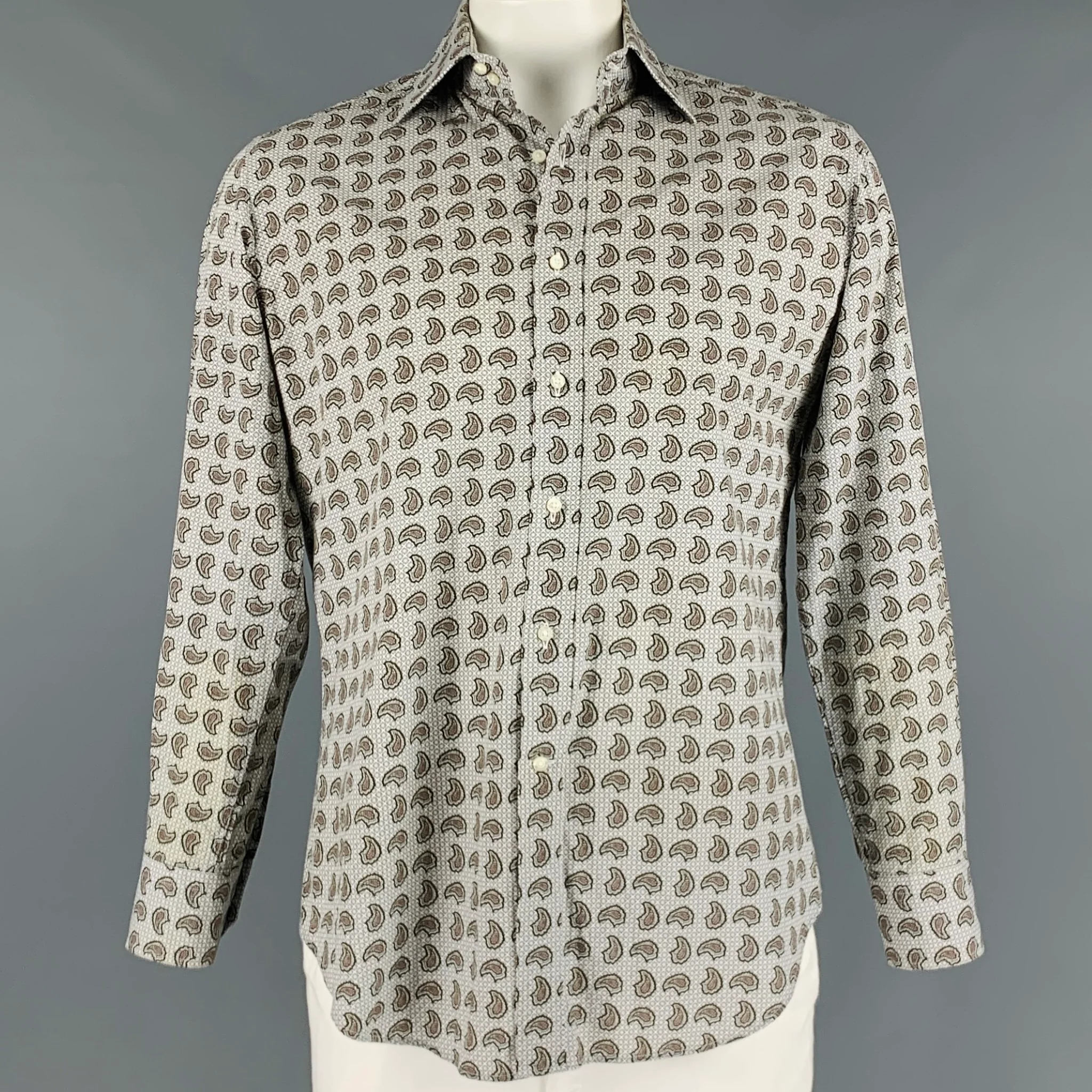 ETRO Size L Grey Brown Paisley Cotton Button Up Long Sleeve Shirt