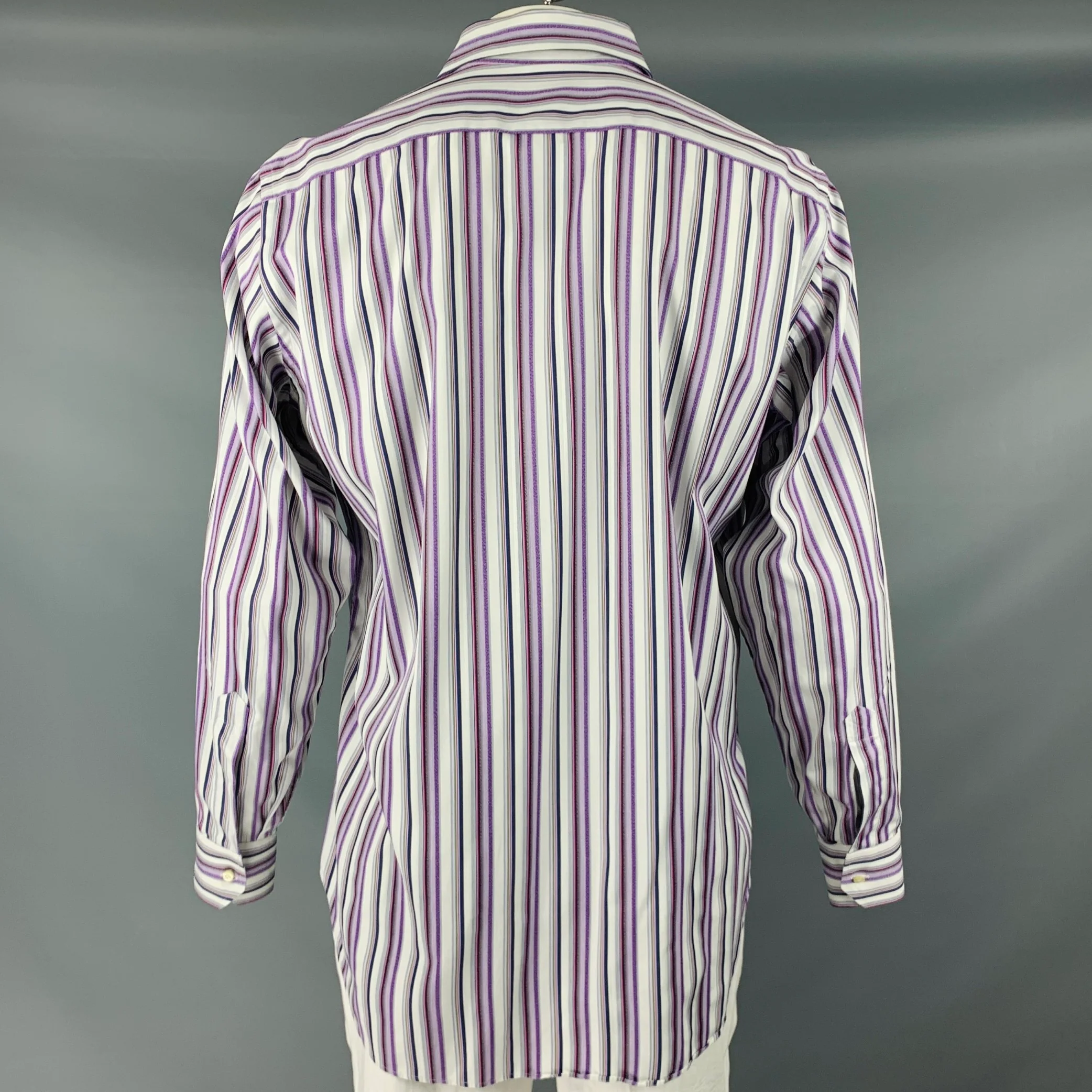 ETRO Size L White Purple Stripe Cotton Button Up Long Sleeve Shirt - Image 4