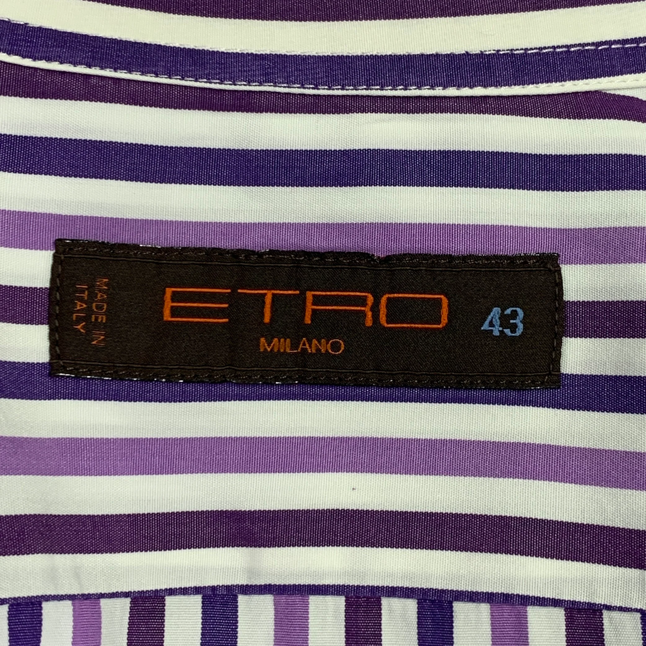 ETRO Size L White Purple Stripe Cotton Spread Collar Long Sleeve Shirt - Image 6