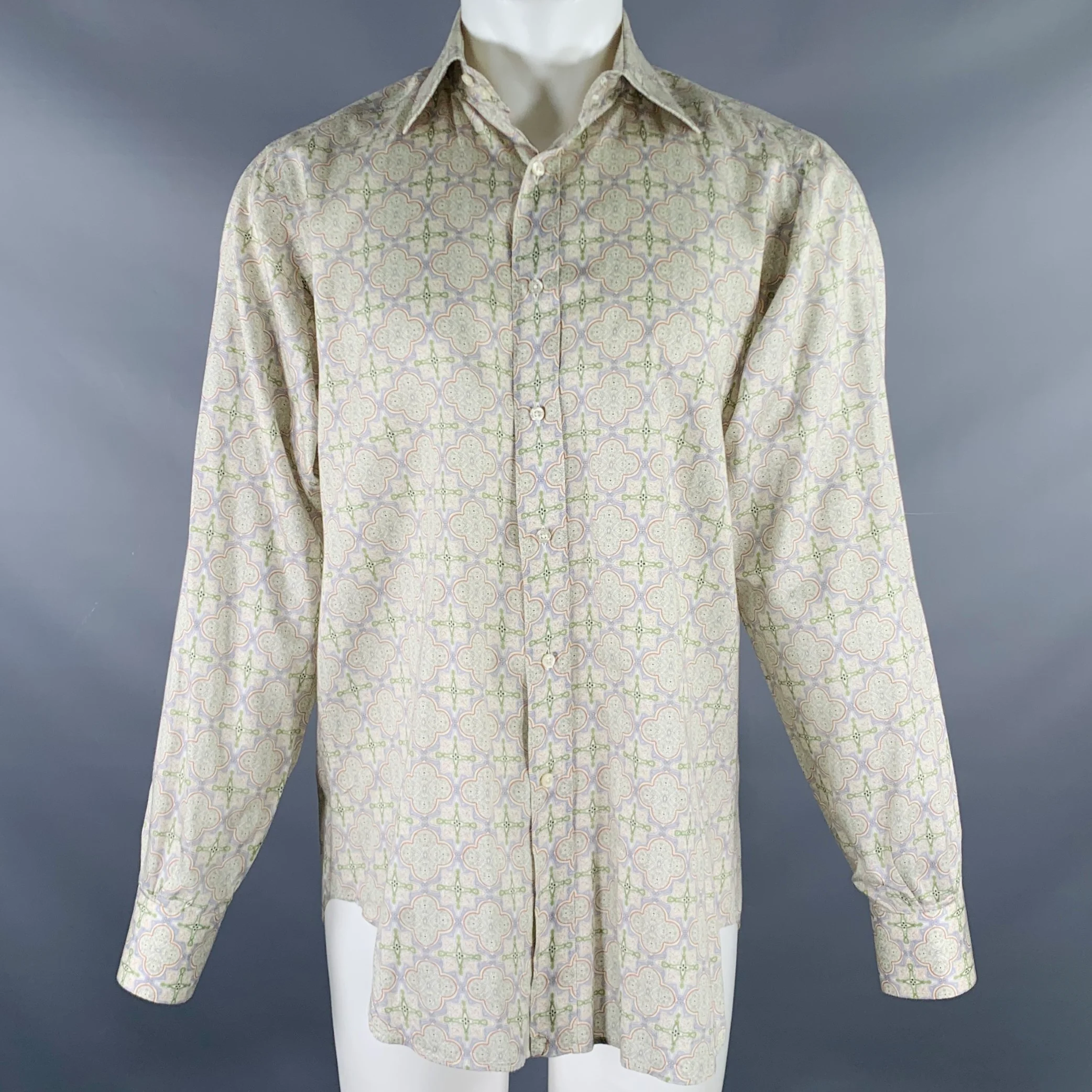 ETRO Size M Green Blue Print Cotton Button Up Long Sleeve Shirt