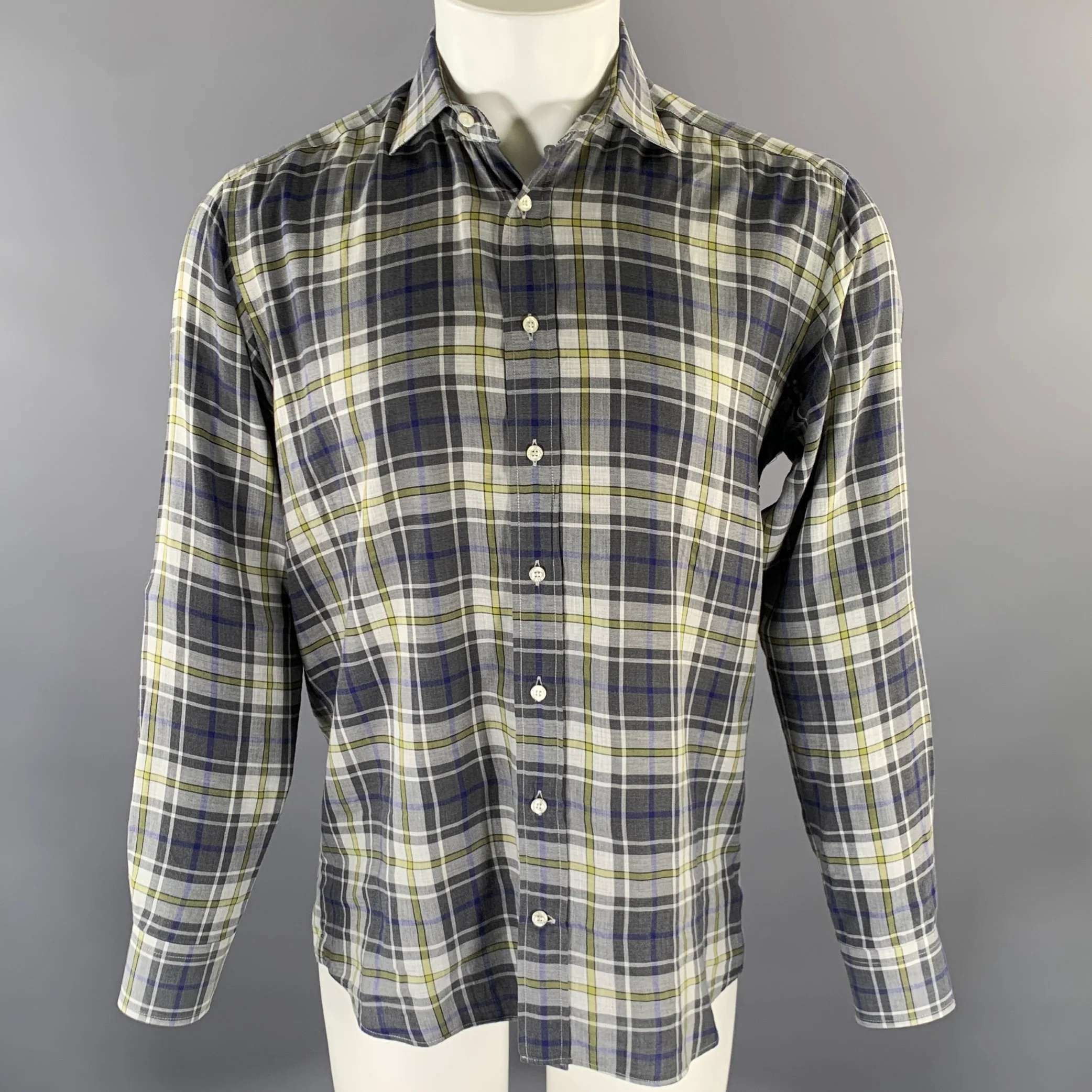 ETRO Size M Grey Blue Green Plaid Pointed Collar Long Sleeve Shirt