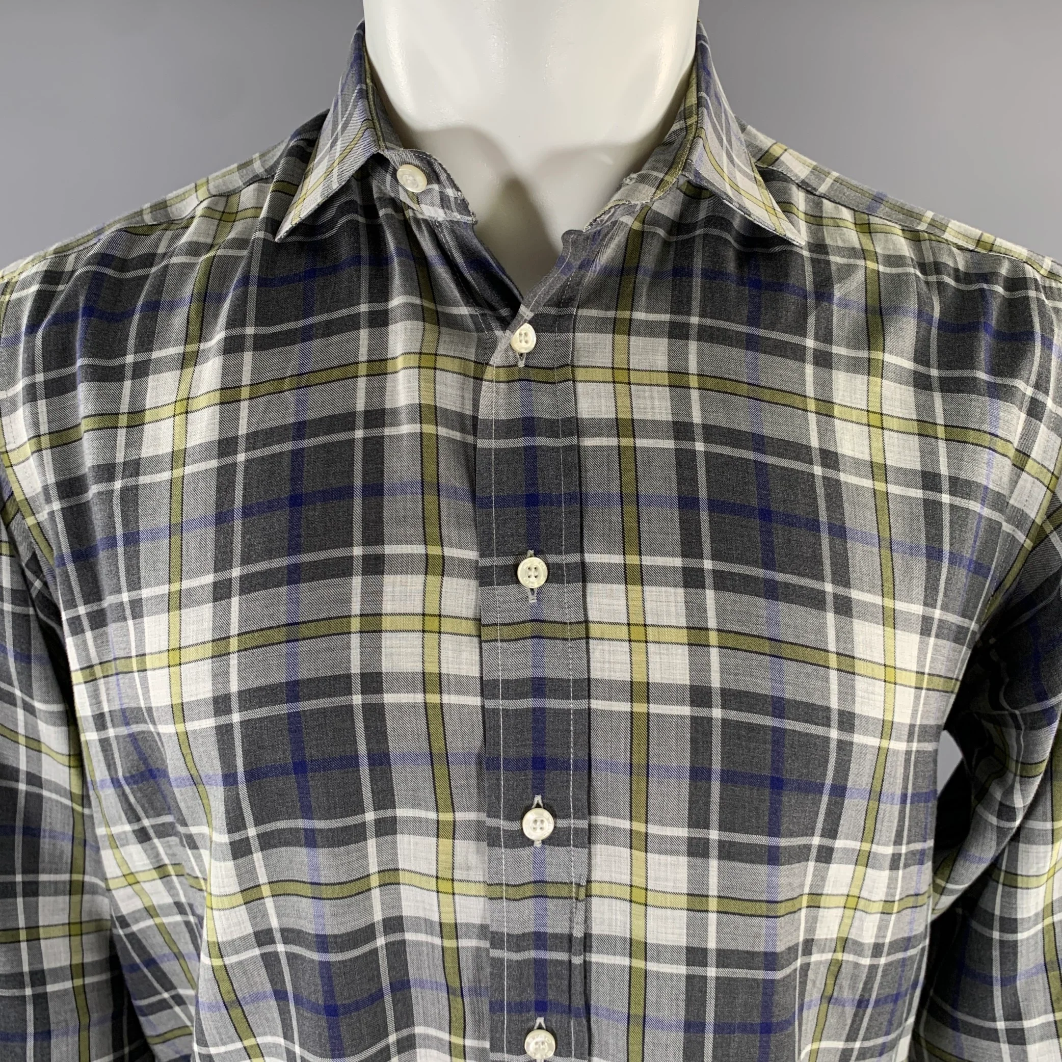 ETRO Size M Grey Blue Green Plaid Pointed Collar Long Sleeve Shirt - Image 2