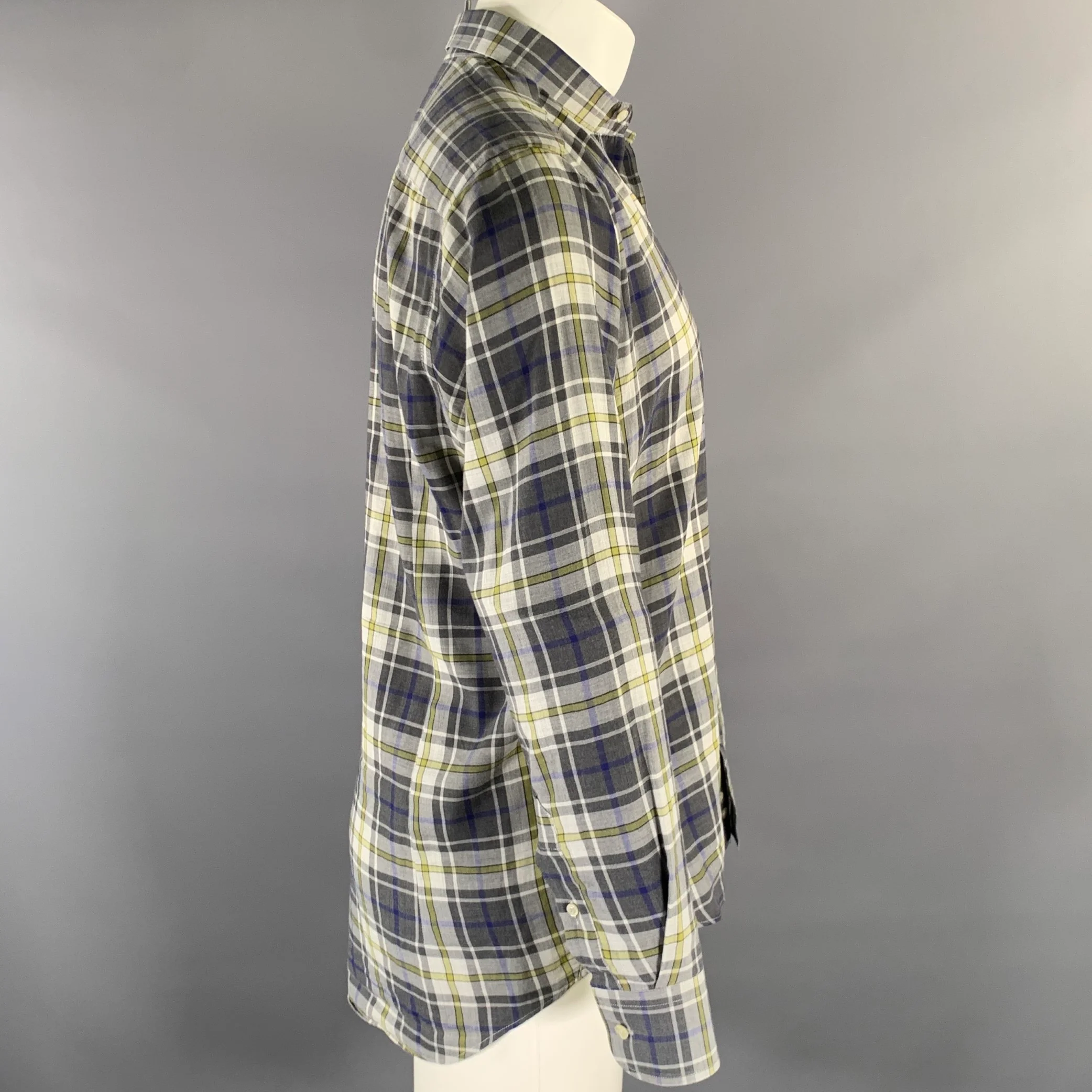 ETRO Size M Grey Blue Green Plaid Pointed Collar Long Sleeve Shirt - Image 3