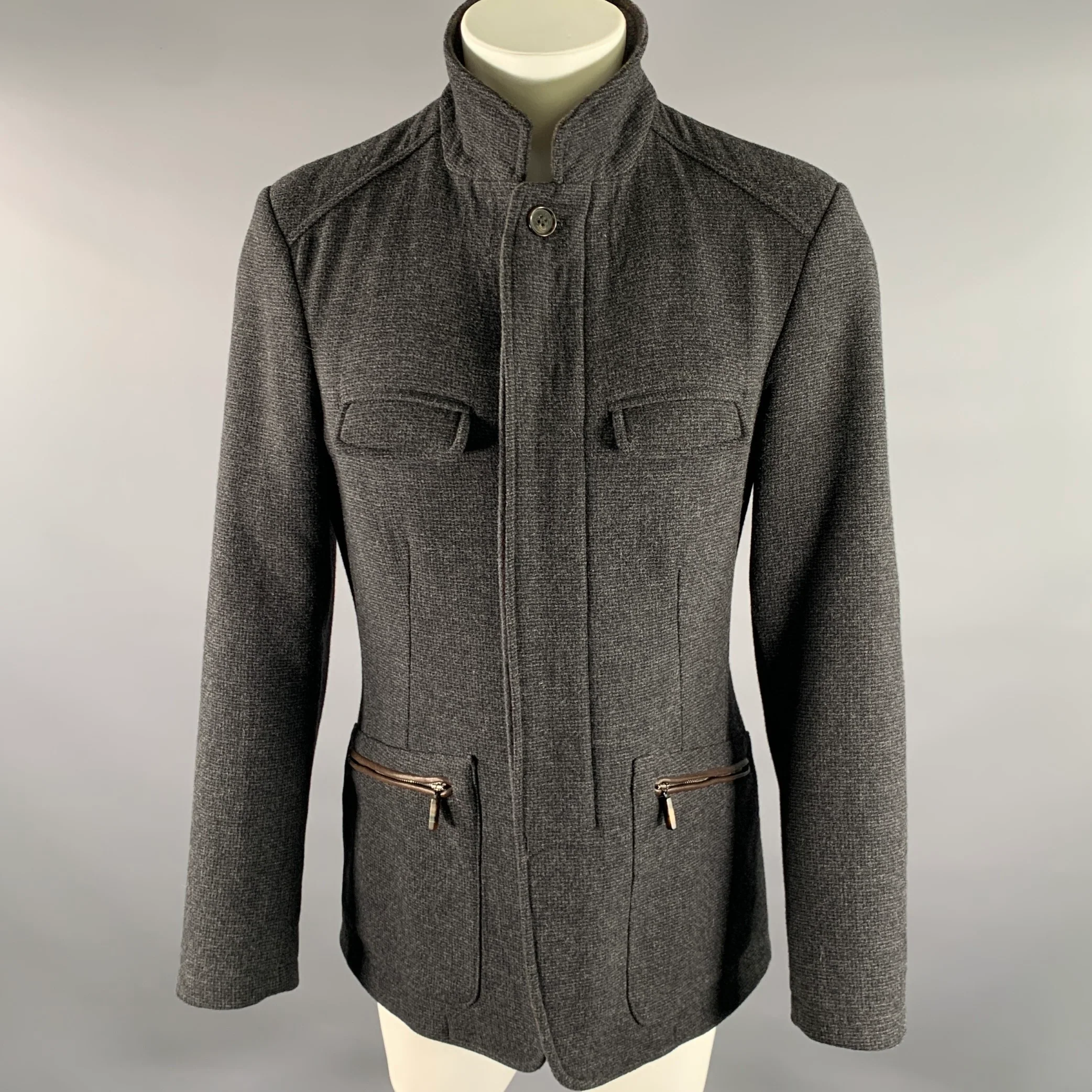 ETRO Size M Grey Brown Heather Wool Notch CollarJacket
