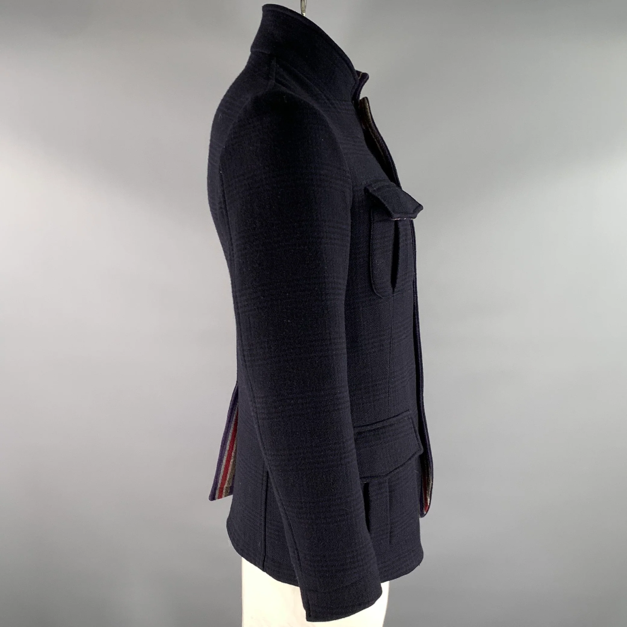 ETRO Size M Navy Plaid Wool Utility Coat - Image 3