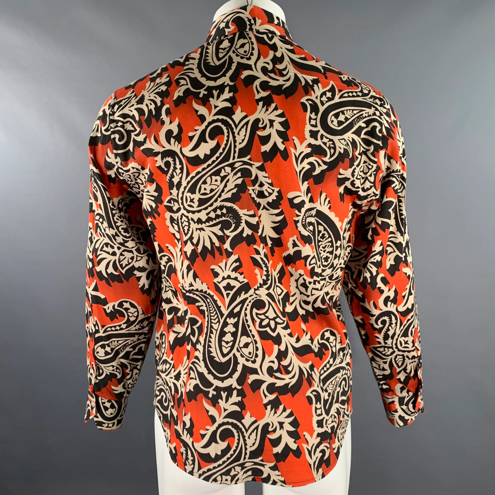 ETRO Size M Orange Black Khaki Abstract Floral Long Sleeve Shirt - Image 4