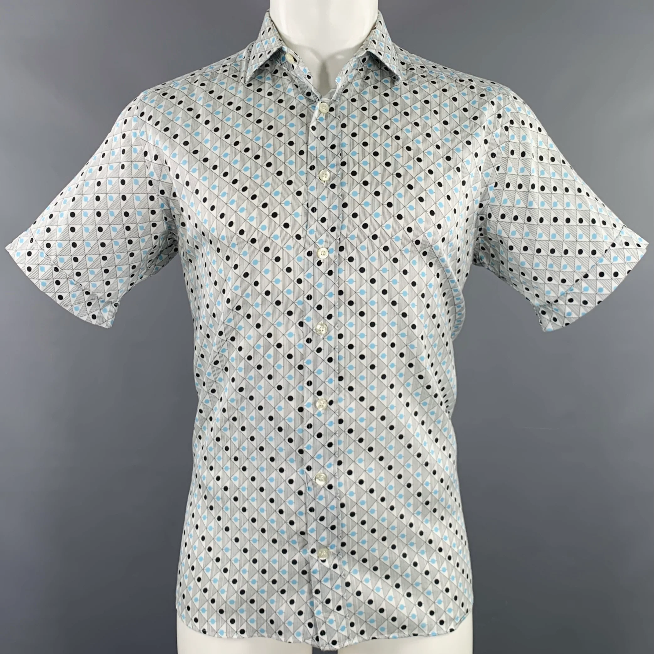 ETRO Size M White Black Blue Abstract Short Sleeve Shirt